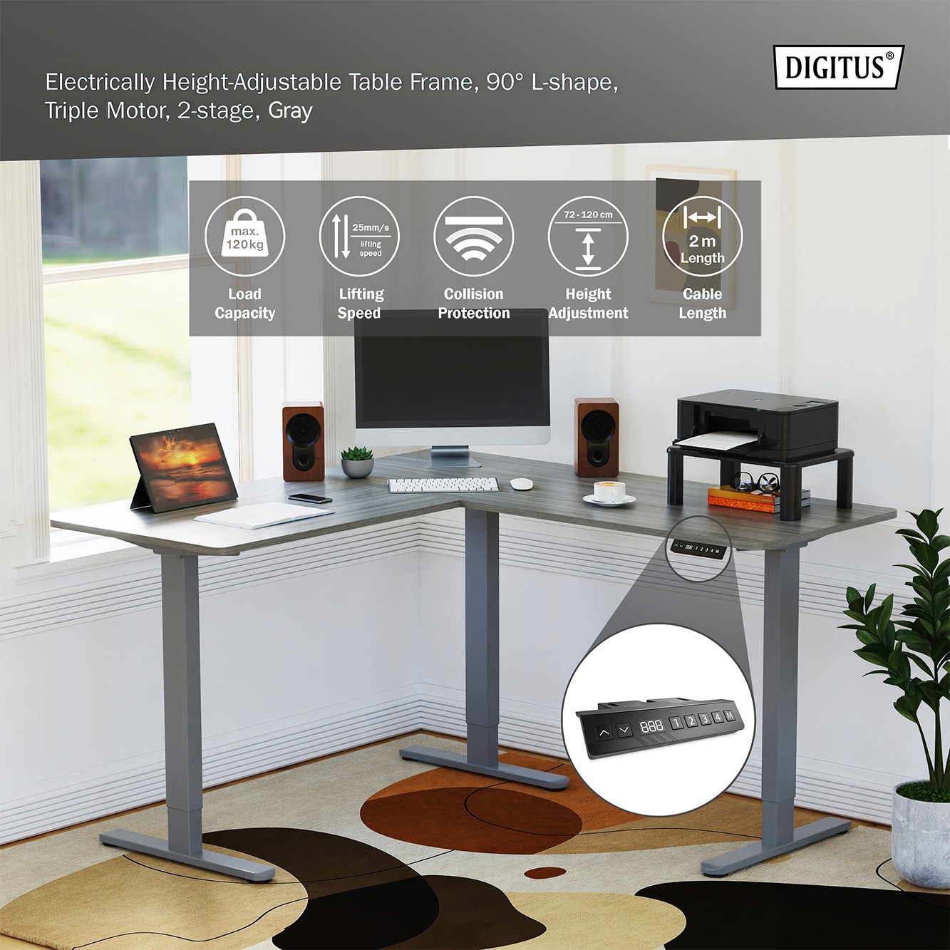 DA-90459  Bastidor de mesa regulable el&eacute;ctricamente en altura, en forma de L Altura 120 cm, m&aacute;x: 120 kg, Gris