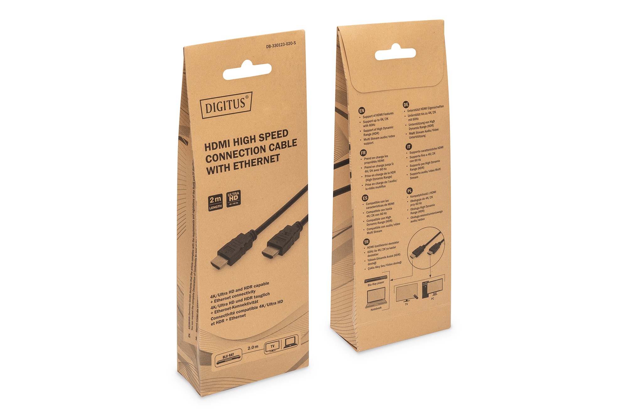 DB-330123-020-S  Cable HDMI A-A  2 metros Negro 4K 60Hz 48Gbit Version 2.0 Blister Carton DIGITUS