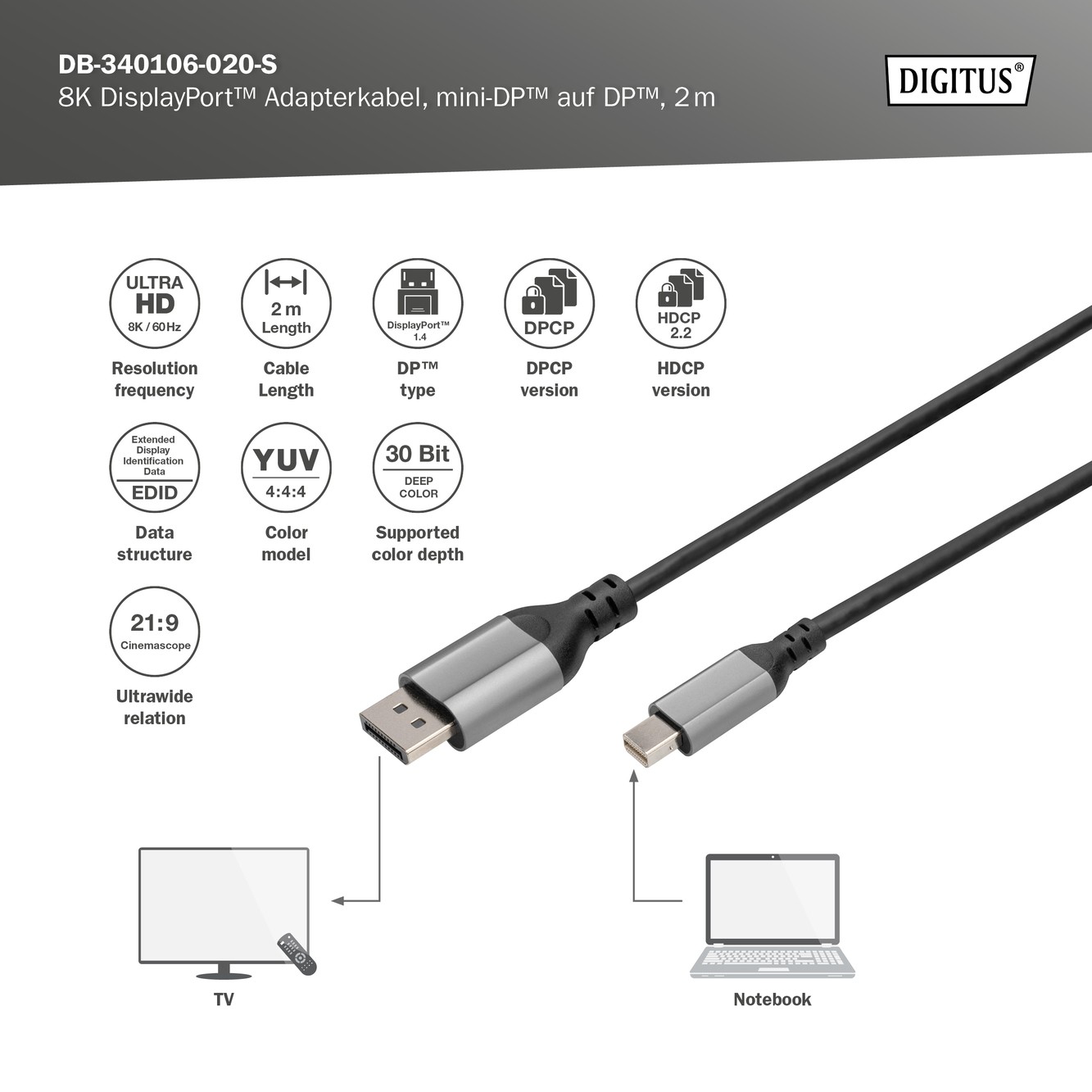 DB-340106-020-S  Cable adaptador DisplayPort 8K, mini-DP a DP 2.0 Carcasa de aluminio; color negro, 2 m Digitus