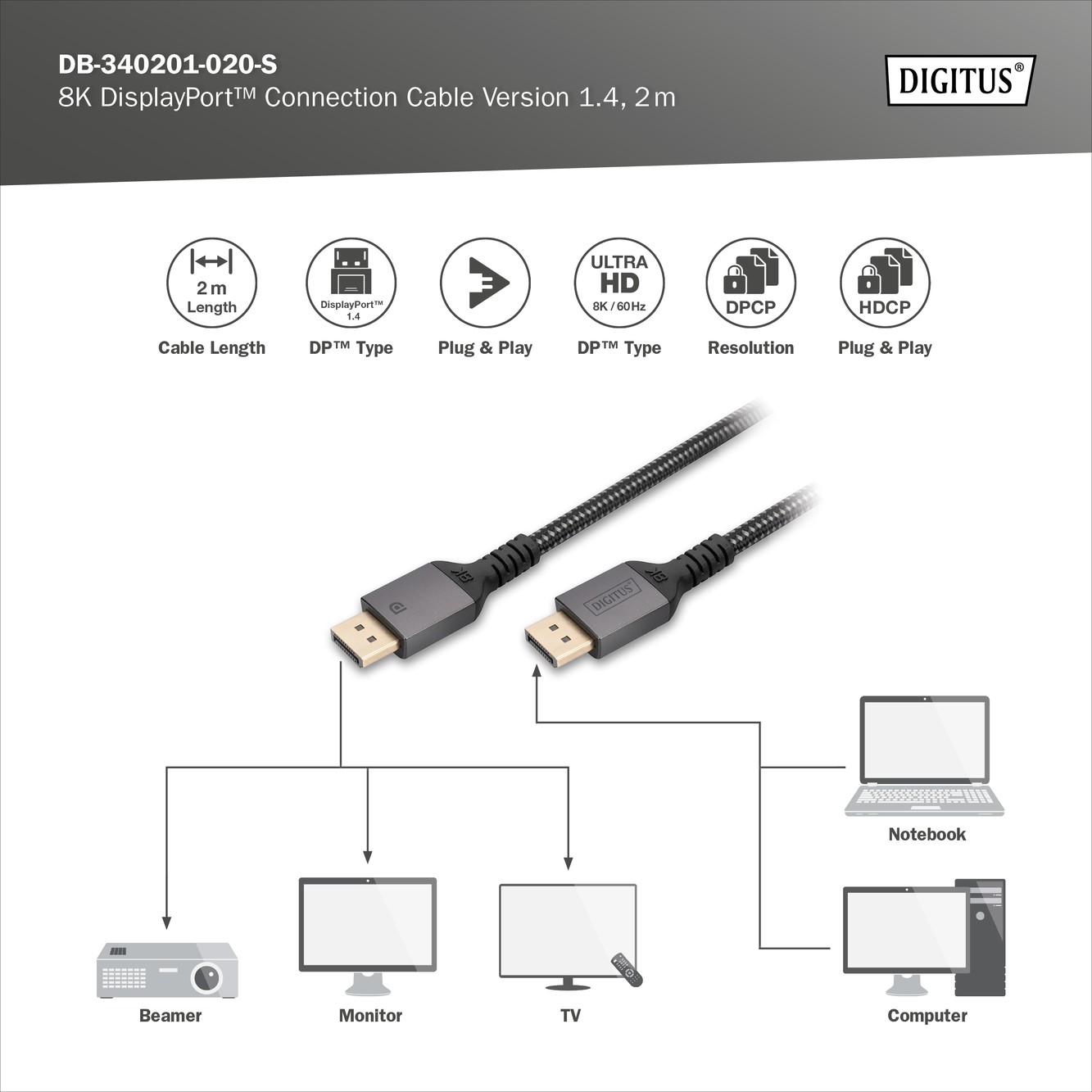 DB-340201-020-S  Cable Displayport  Macho-Macho de  2m V.1.4 8K Carcasa de aluminio, dorado, Nylon Blister Digitus