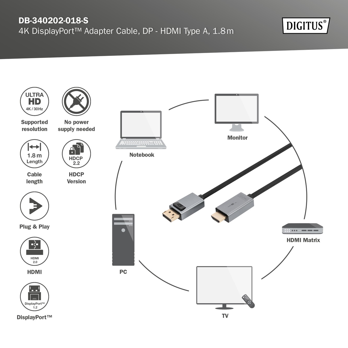 DB-340202-018-S  Cable  1,80m Negro DisplayPort 1.2 Macho a HDMI 1.4 Macho 4K/30 Hz Carcasa de aluminio, dorado, Nylon Blister Con LE