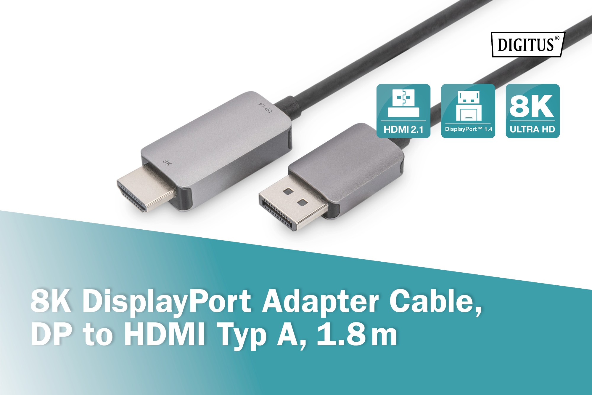 DB-340305-018-S  Cable  1,80m Negro DisplayPort 1.4 Macho a HDMI 2.1 Macho 8K/60 Hz Carcasa de aluminio, negro