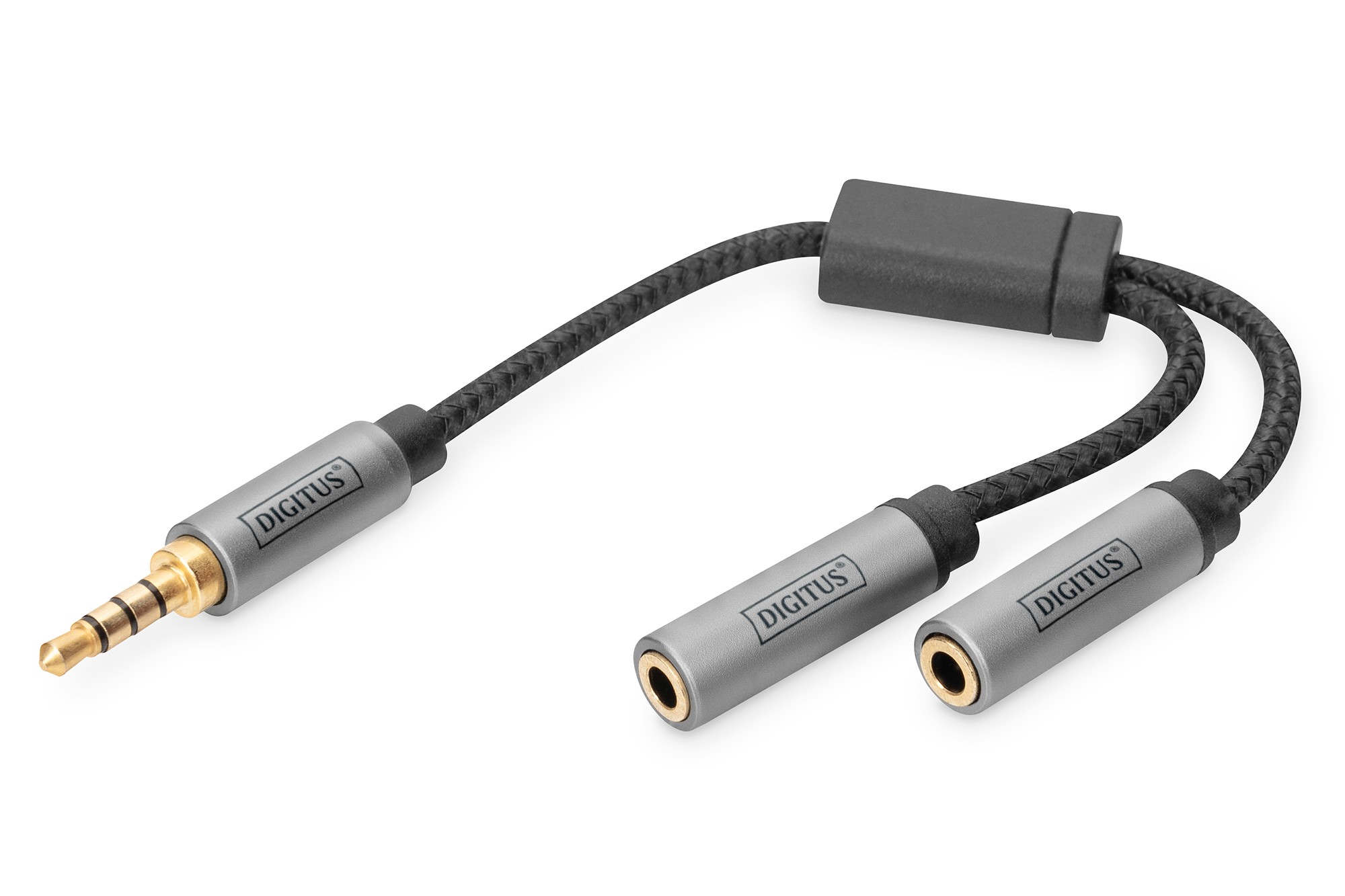 DB-510320-002-S  Adaptador 1x3,5mm Macho 4-pin Stereo a 2x3,5mm Hembra 3-pin Stereo de 0.20m Nylon Ferritas Digitus Retail