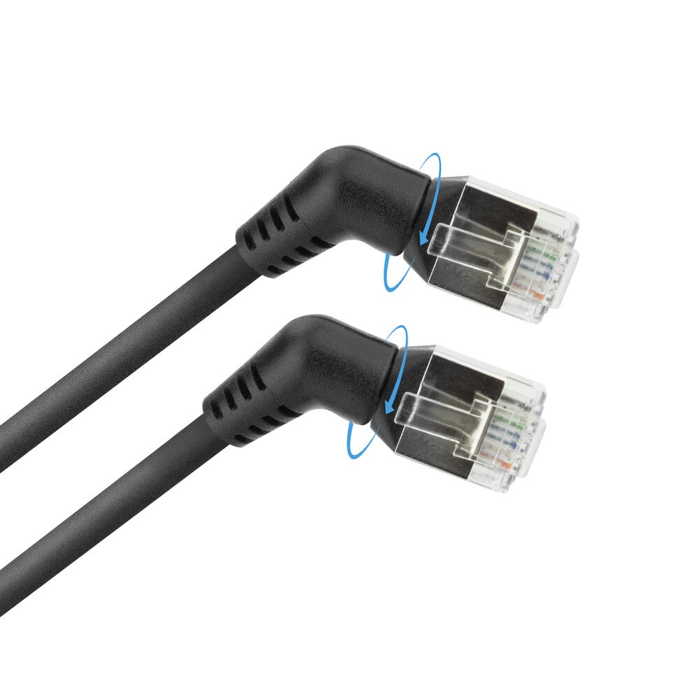 DD1951  Latiguillo CAT 6A, U/FTP,  1.50 m, Negro, LSZH-TPE  Slim Delgado Acodado 90º con ángulo giratorios de 360° ACT