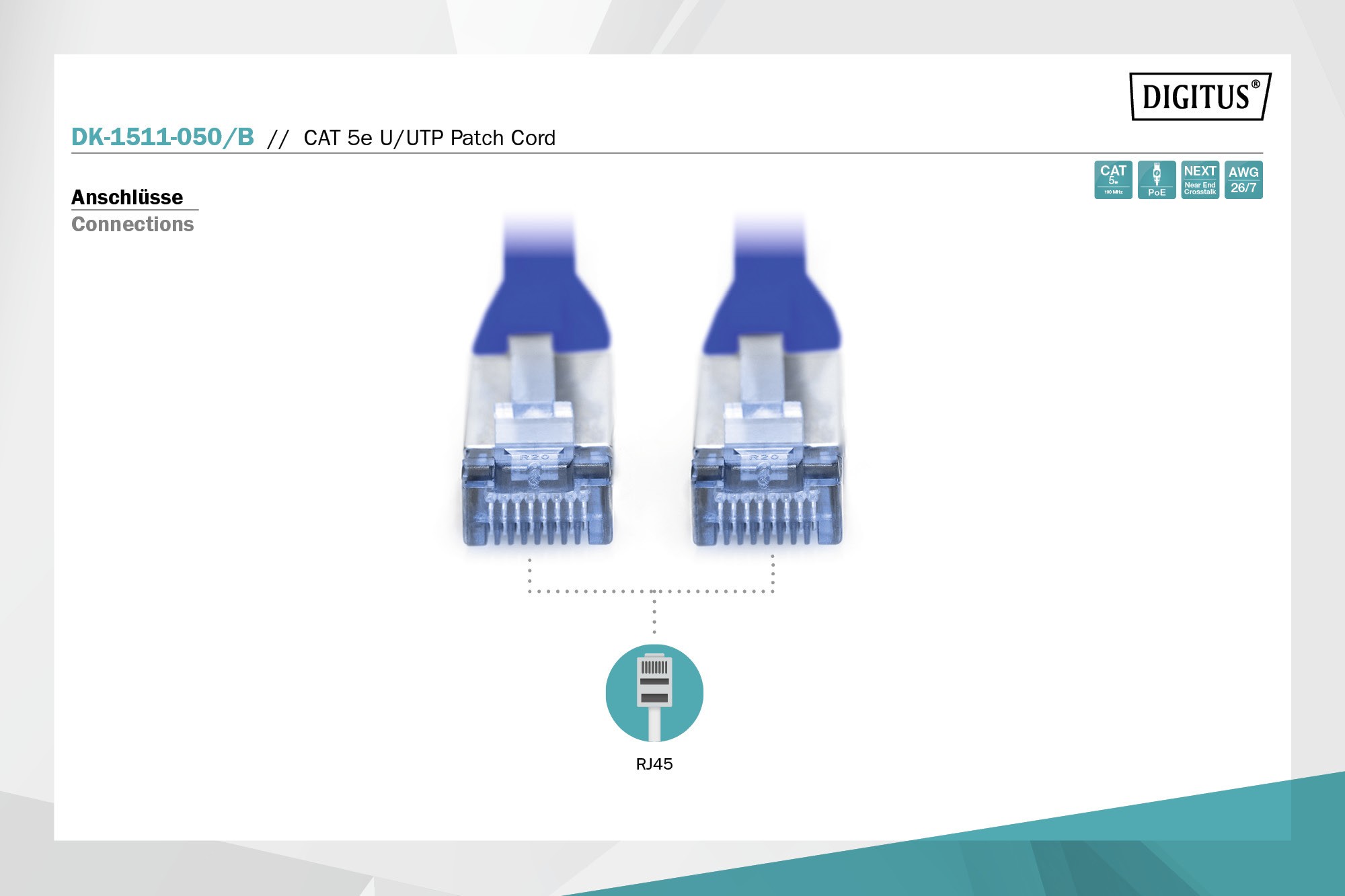 DK-1511-050/B  CAT 5e U-UTP patch cord, Cu, PVC AWG 26/7, length 5 m, color blue