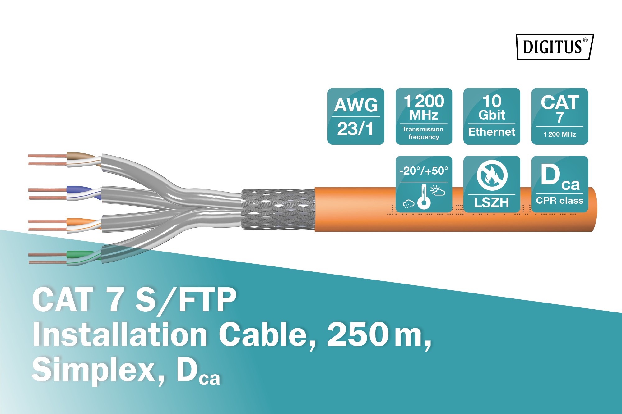 DK-1743-VH-250  Cable de instalación S-FTP CAT 7, 1200 MHz Dca (EN 50575), AWG 23/1.  250 m caja, SX, naranja