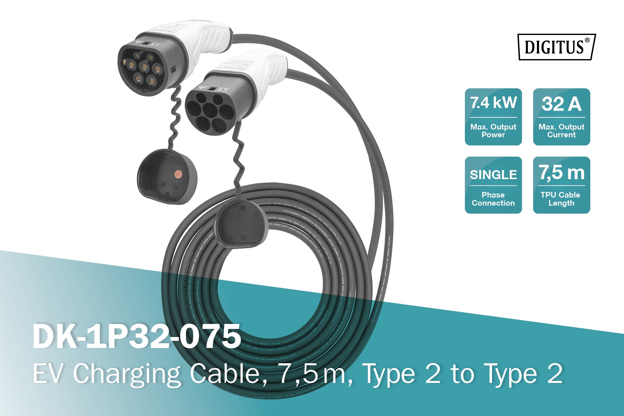 DK-1P32-075  Cable VE carga, Tipo 2 Mennekes 32A Monofasico 7,4kW  7,5 metros Liso Negro-Blanco Digitus