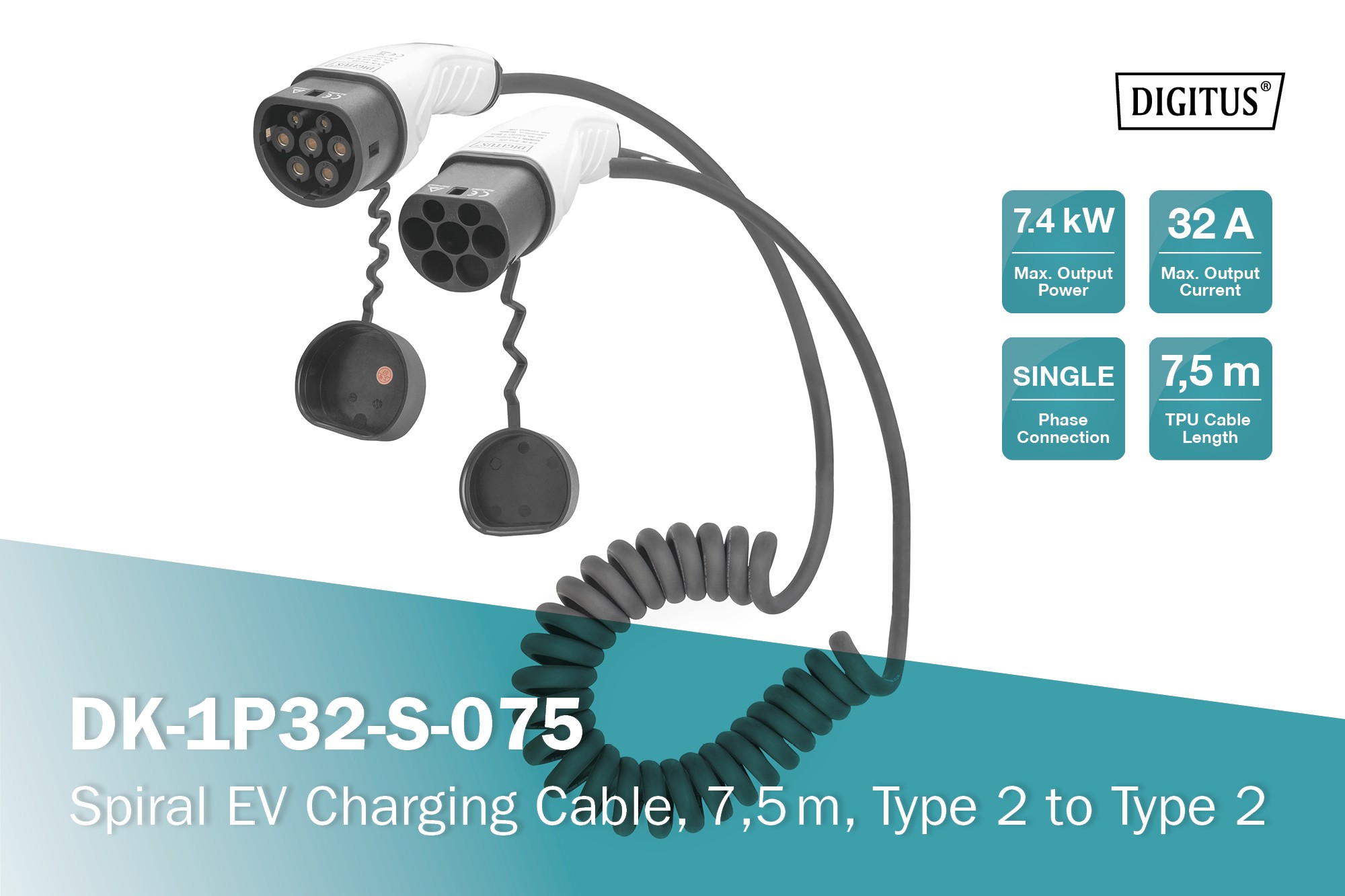 DK-1P32-S-075  Cable VE carga, Tipo 2 Mennekes 32A Monofasico 7,4kW  7,5 metros Espiral Negro-Blanco Digitus