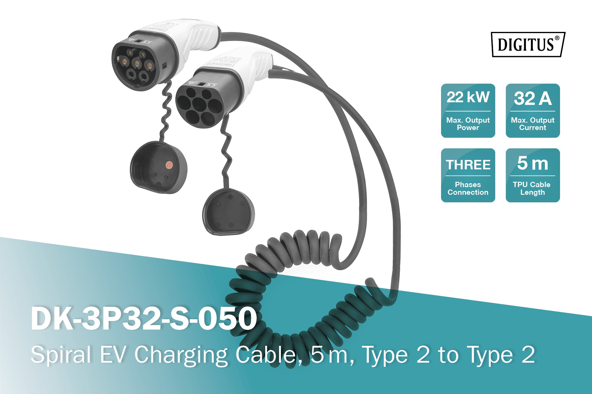 DK-3P32-S-050  Cable VE carga, Tipo 2 Mennekes 32A trifasica 22kW  5 metros Espiral Digitus