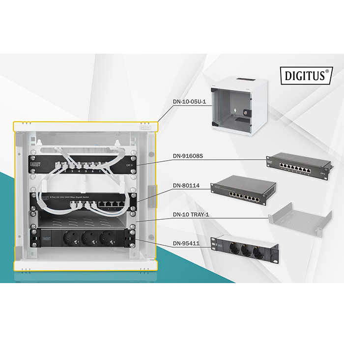 DN-10-SET-1  Kit Armario 10" 6U + Bandeja + Regleta +Switch 8 Giga + patch panel