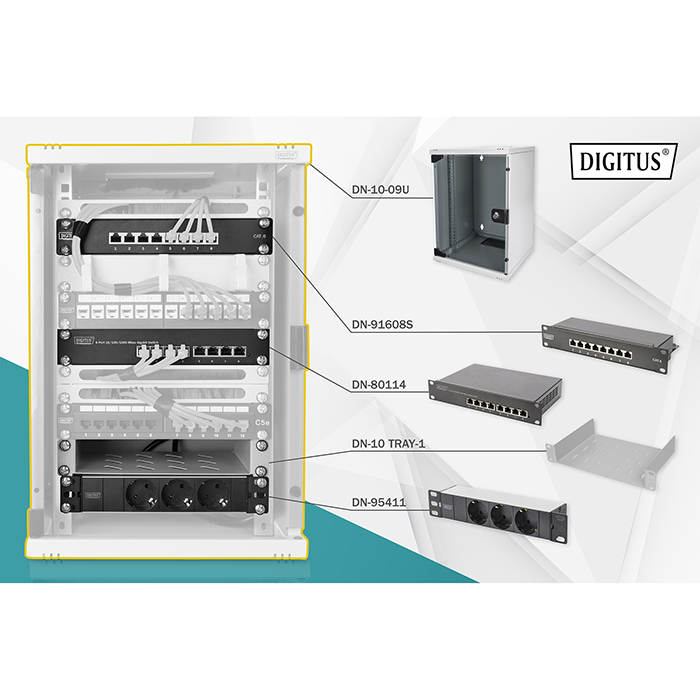 DN-10-SET-2  Juego de red de 10 pulgadas, incl. carcasa de pared de 9UA Balda, PDU, conmutador de 8 puertos, panel de conexión CAT 6