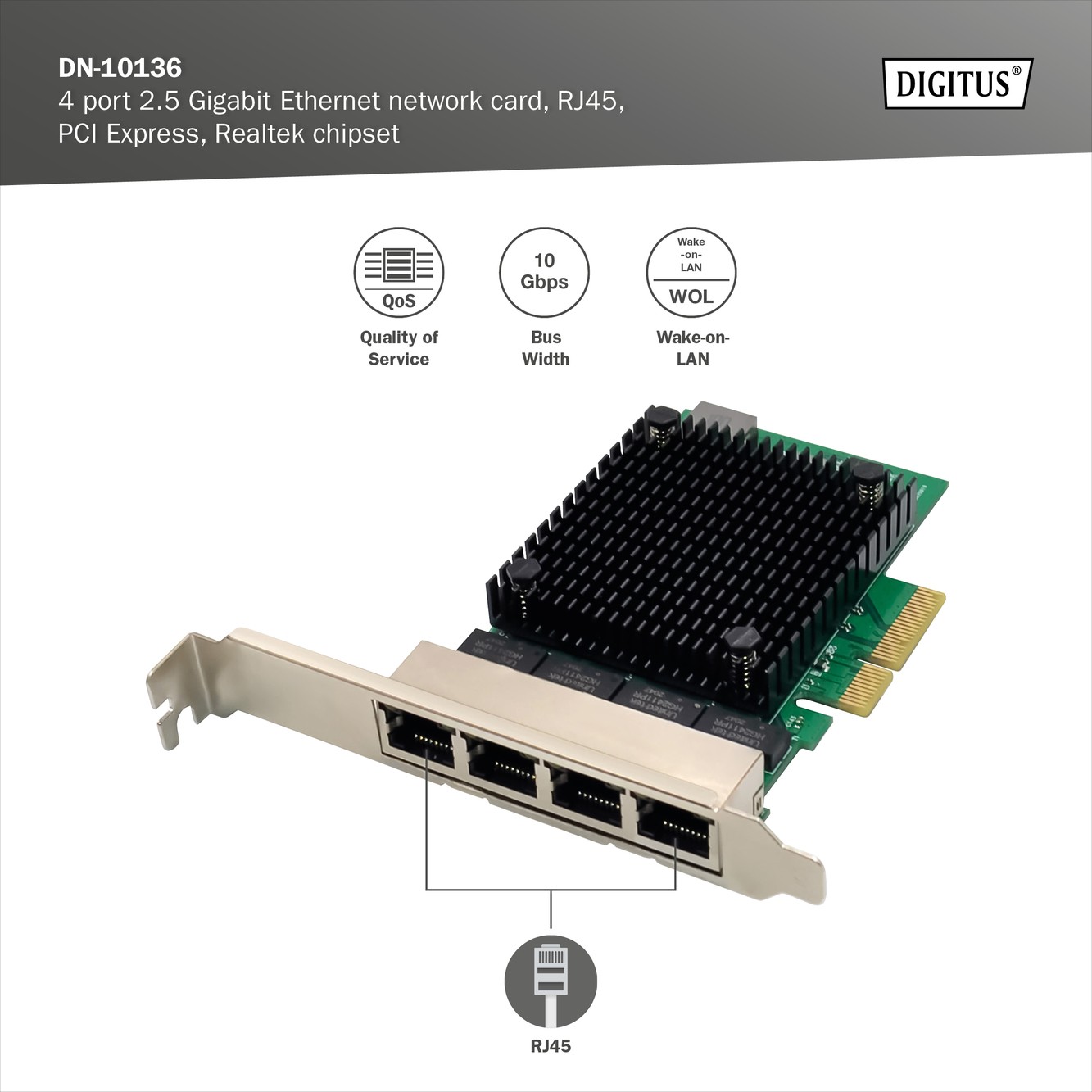 DN-10136  Tarjeta de red Ethernet 2,5 Gigabit de 4 puertos, RJ45, PCI Express, chipset Realtek