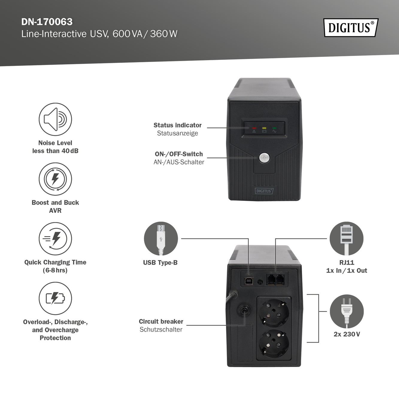 DN-170063  SAI    600VA 360W  Interactivo 2 Schuko Torre DIGITUS