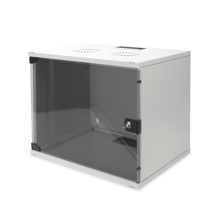 DN-19 12-U-S-1  Carcasa de pared 12U, SOHO, sin montar 595x540x400 mm, puerta de cristal, gris  Rack 19"