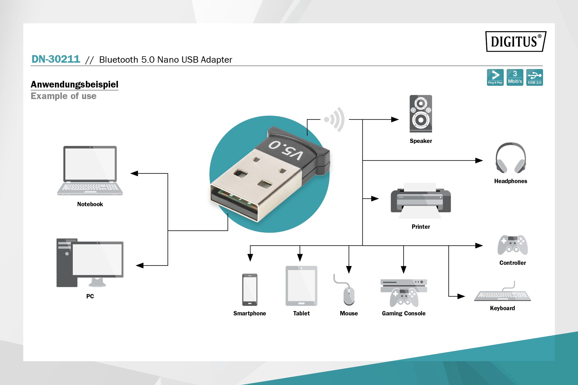 DN-30211  Nano Adaptador USB 2.0 Bluetooth V5.0  DIGITUS