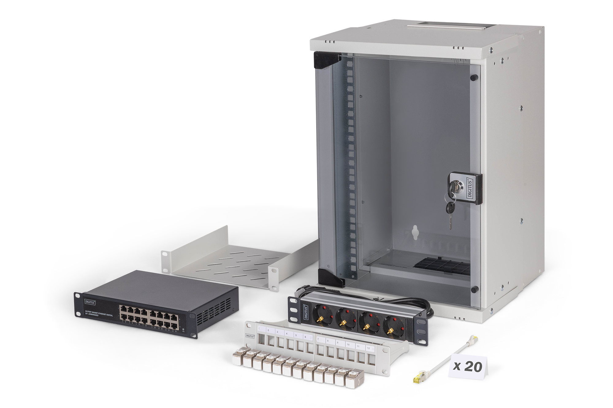 DN-49102-SET  Conjunto de red de 10", carcasa mural 9U y accesorios, gr Versión SOHO Pro, sin montar