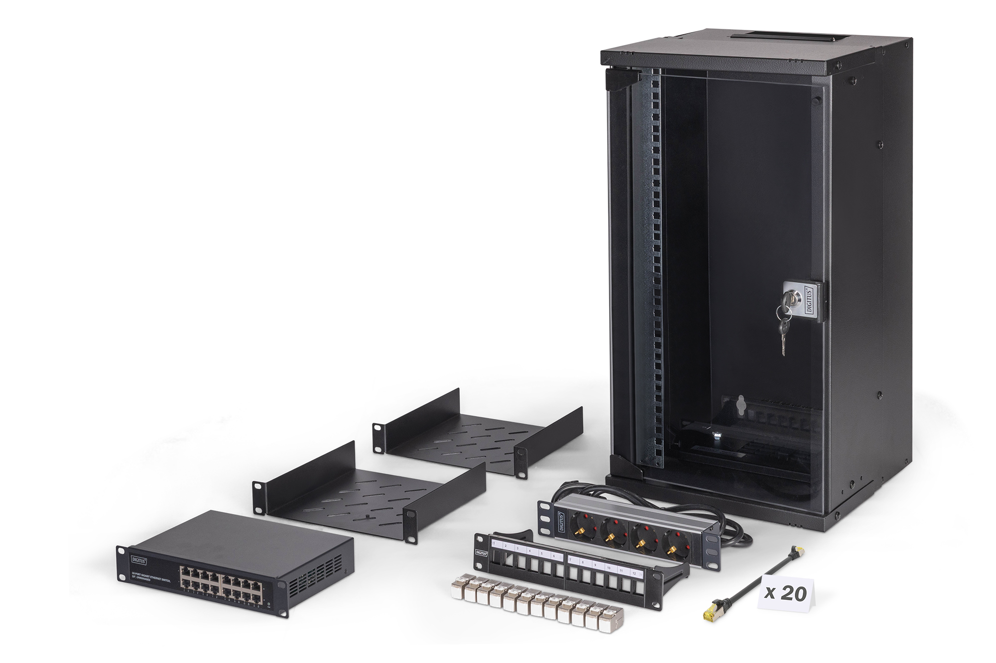 DN-49105-SET  Conjunto de red de 10", carcasa mural 12U y accesorios, negro Versión SOHO Pro, sin montar