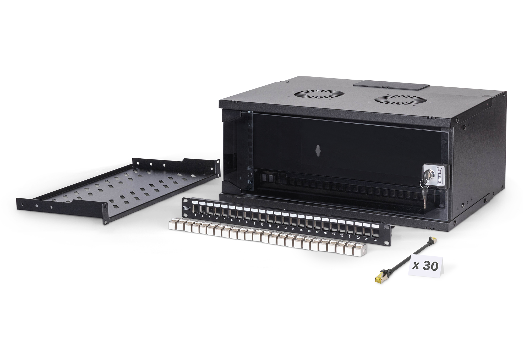 DN-49201-SET  Conjunto de red de 19", carcasa mural 4U y accesorios, negro Versión SOHO PRO, sin montar