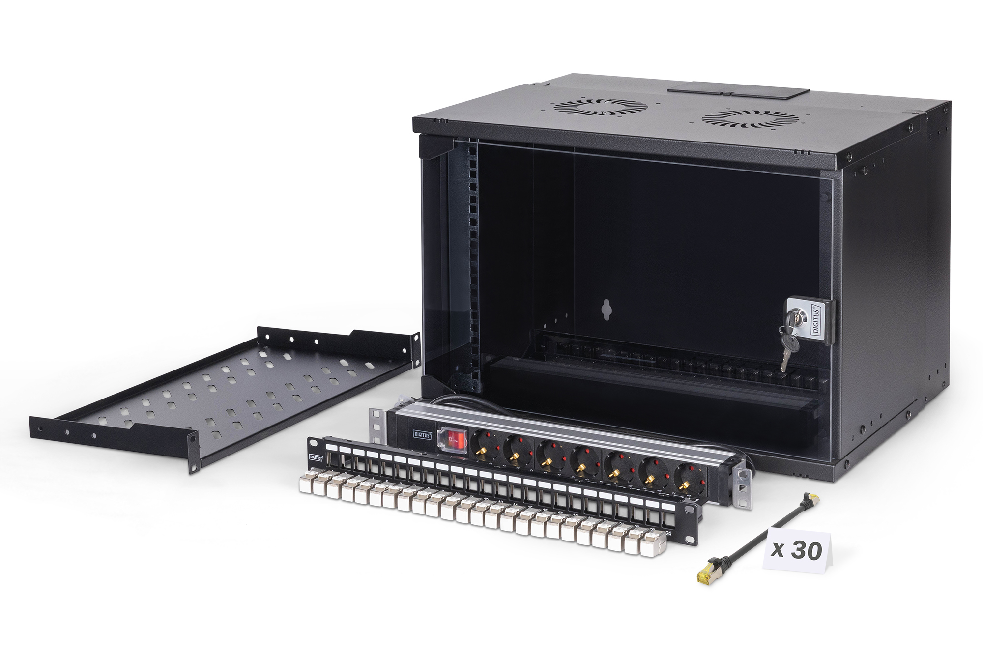 DN-49203-SET  Conjunto de red de 19", carcasa mural 7U y accesorios, negro Versión SOHO Pro, sin montar