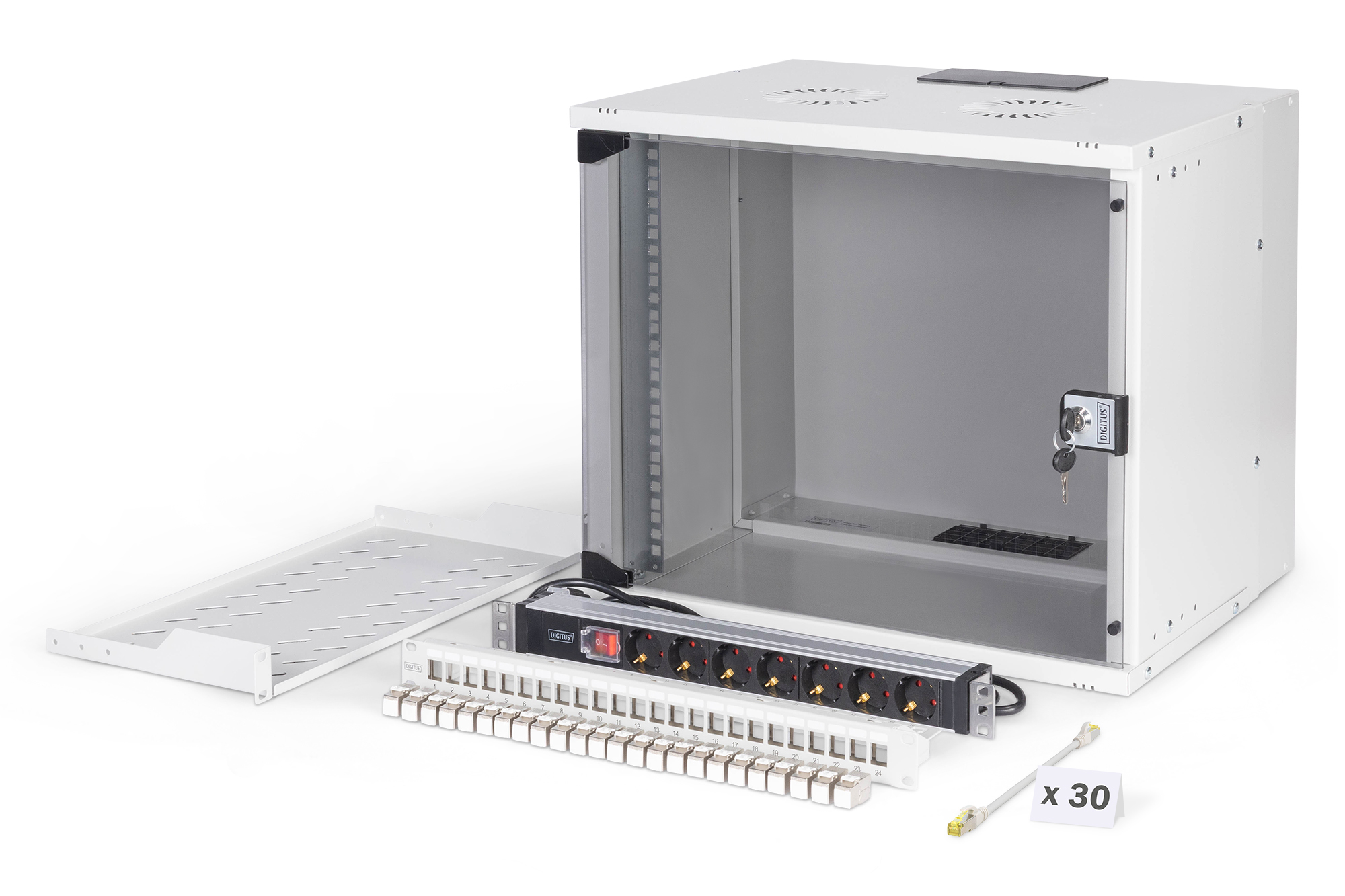 DN-49204-SET  Conjunto de red de 19", carcasa mural 9U y accesorios, gr Versión SOHO Pro, sin montar