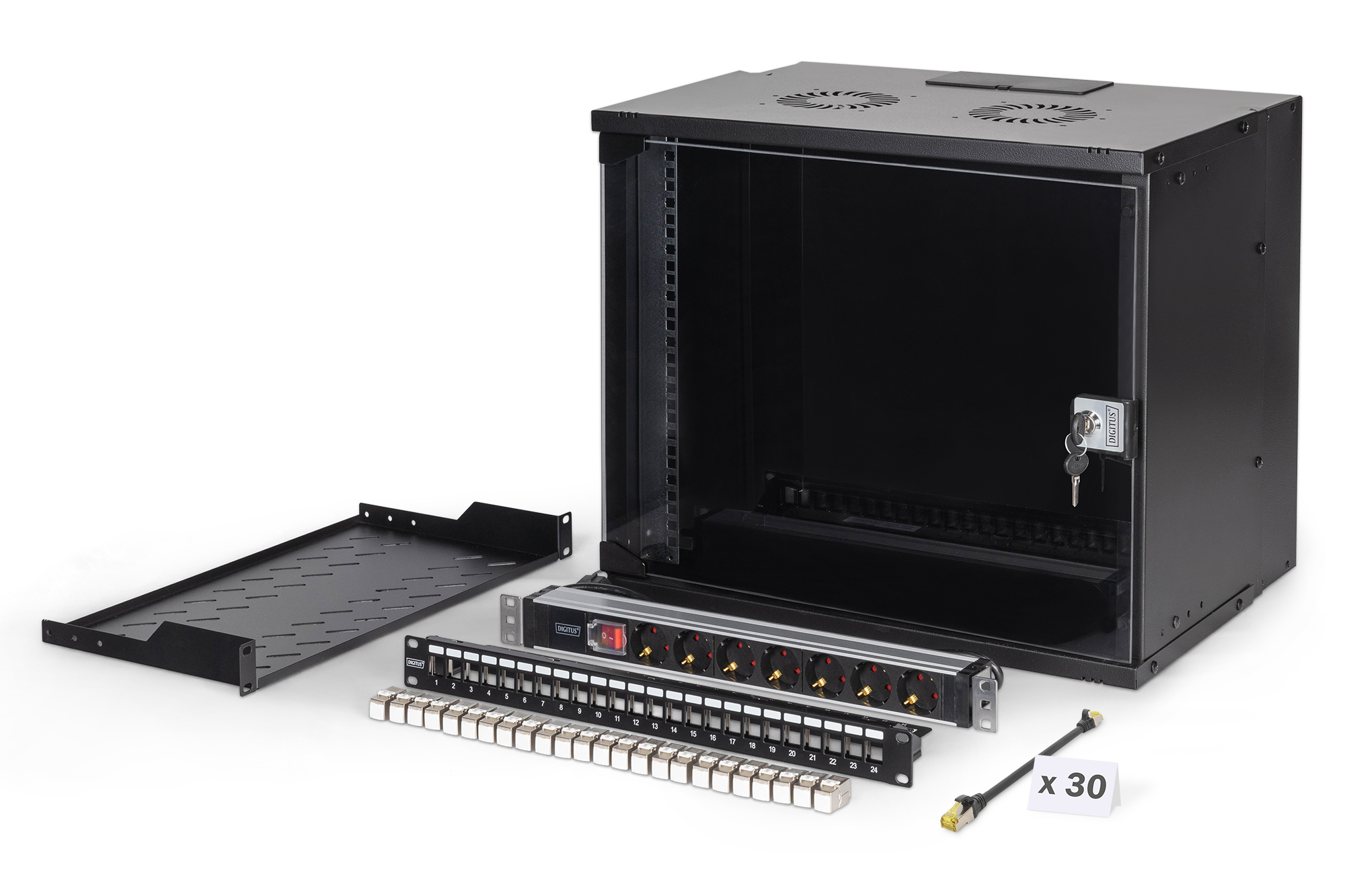 DN-49205-SET  Conjunto de red de 19", carcasa mural 9U y accesorios, negro Versión SOHO Pro, sin montar