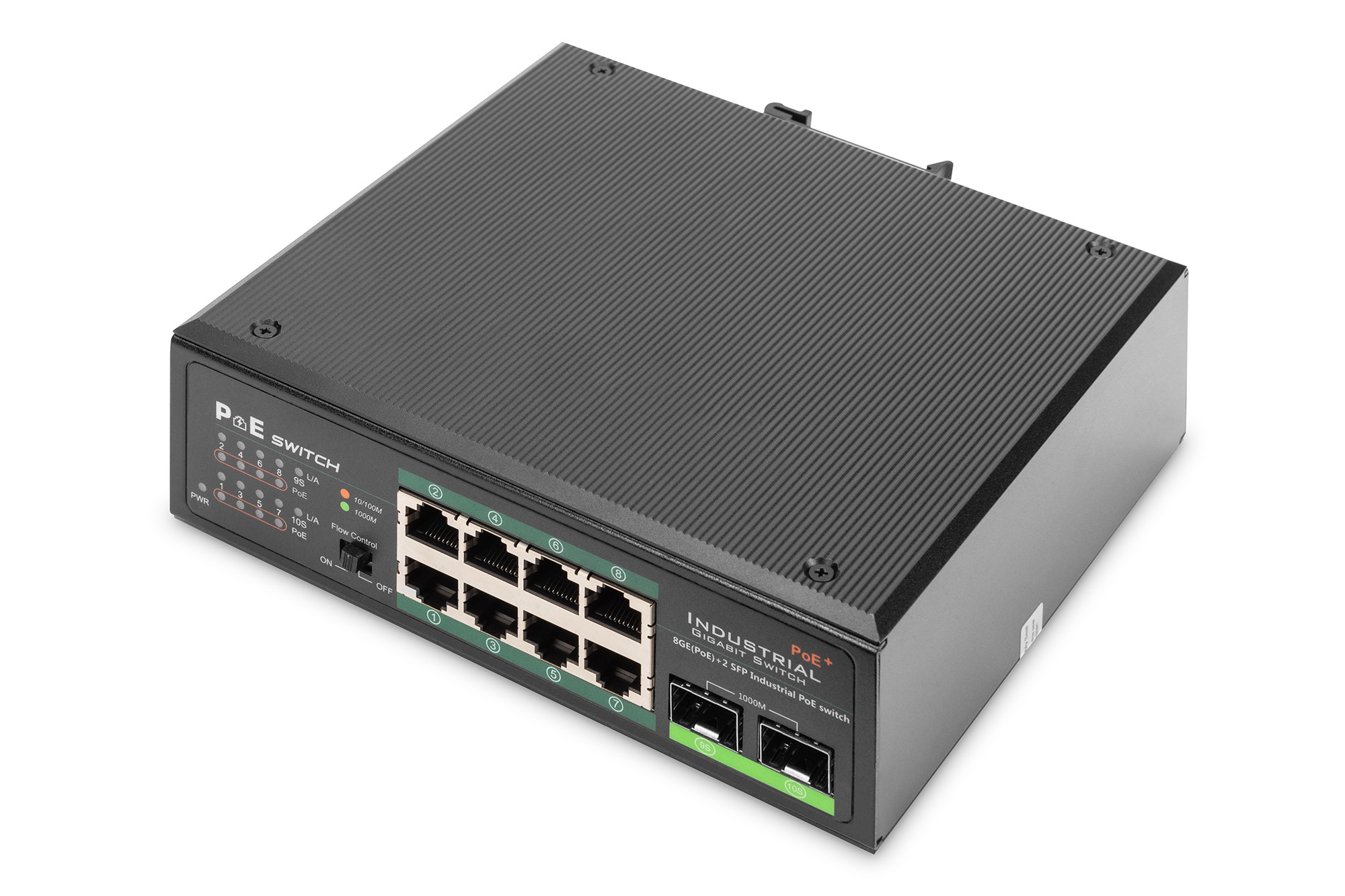 DN-651110  Interruptor Gigabit PoE+ industrial de 8 puertos con 2 puertos de enlace de subida (uplink) SFP IEEE802.3af/at, riel DIN, interv