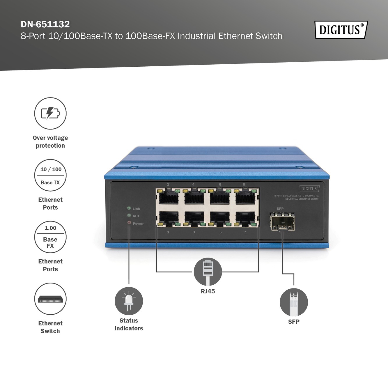 DN-651132  Conmutador industrial Fast Ethernet de 8+1 puertos Unmanaged, 8 conexiones RJ45 de 10/100 Mbits