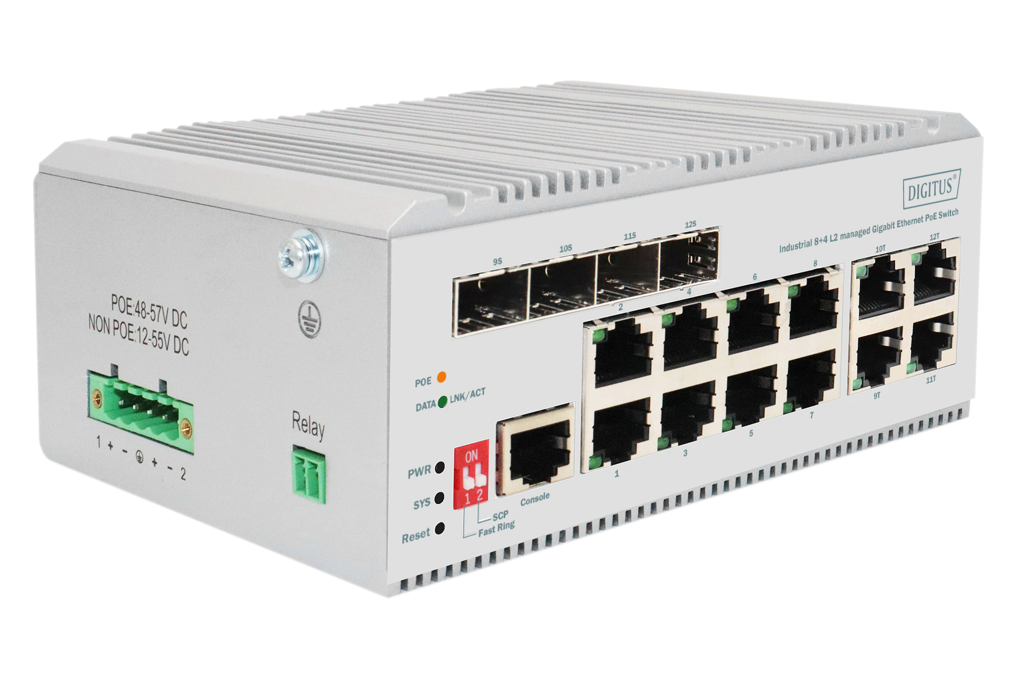 DN-651139  Conmutador Gigabit Ethernet PoE industrial 8+4 L2, managed 8 puertos PoE GE RJ45, 4 puertos GE SFP