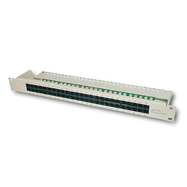 DN-91350-1  Panel de conexi&oacute;n RDSI CAT 3, sin apantallar, 50 puertos RJ45, 8P4C, LSA, 1U, montaje en bastidor, gris, 482x44x109 Gris RAL7035