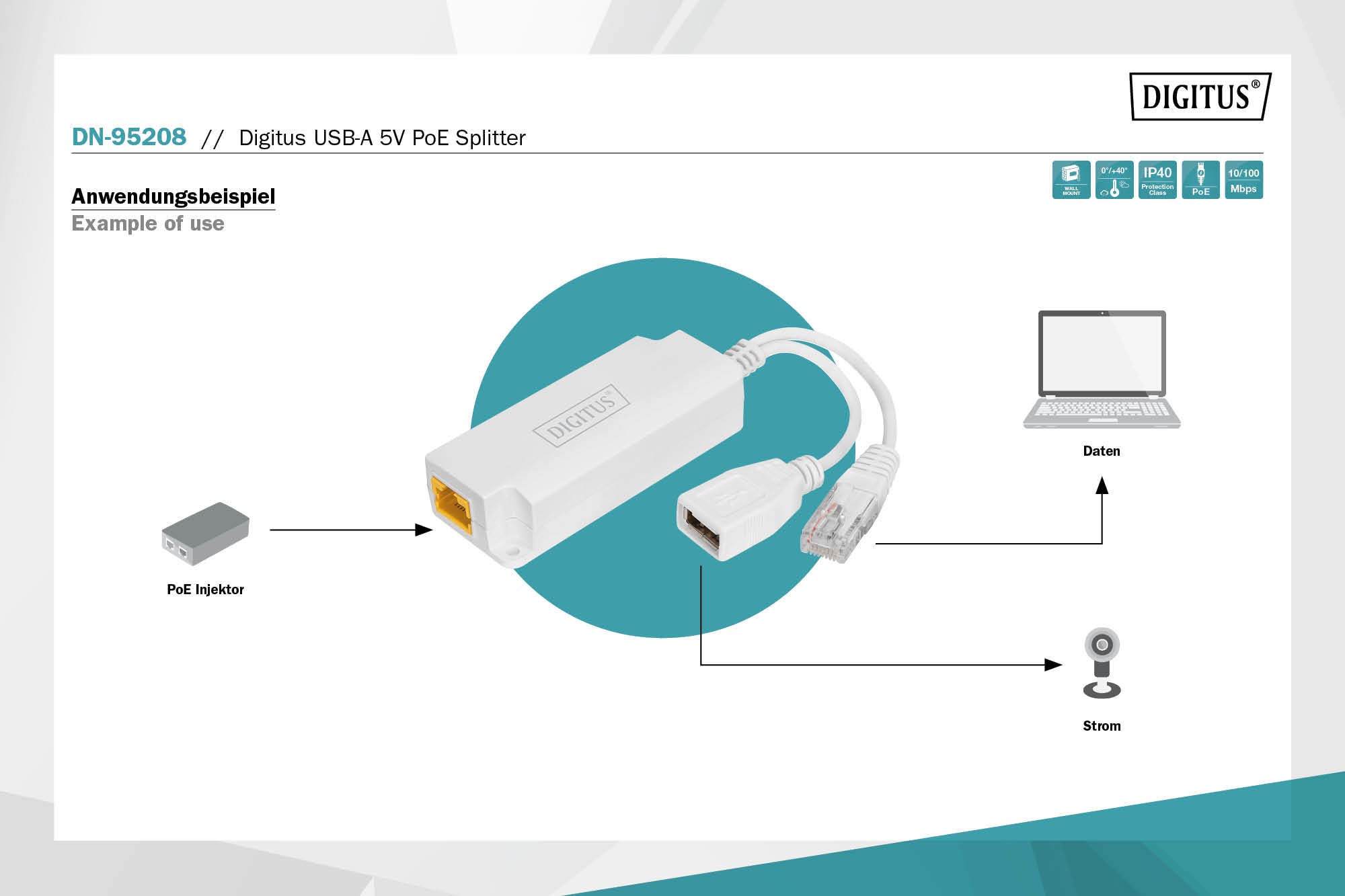 DN-95208  Divisor PoE Gigabit USB-A Conector hembra USB TYPE A