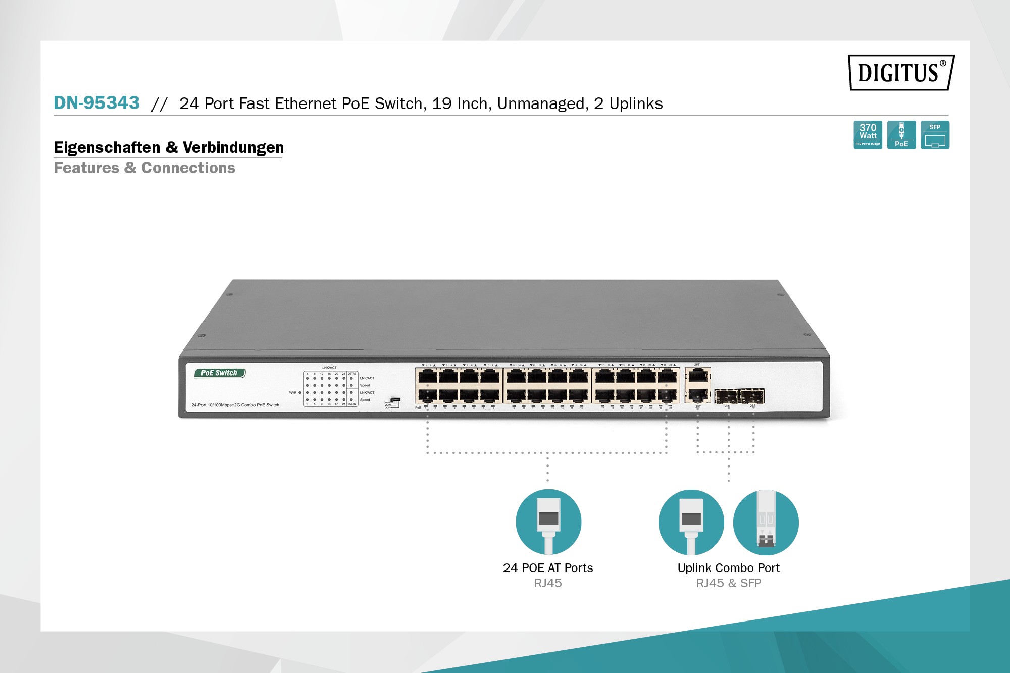 DN-95343  Switch 24 port PoE + 2 Combo, Fast Ethernet PoE 390W PoE budget