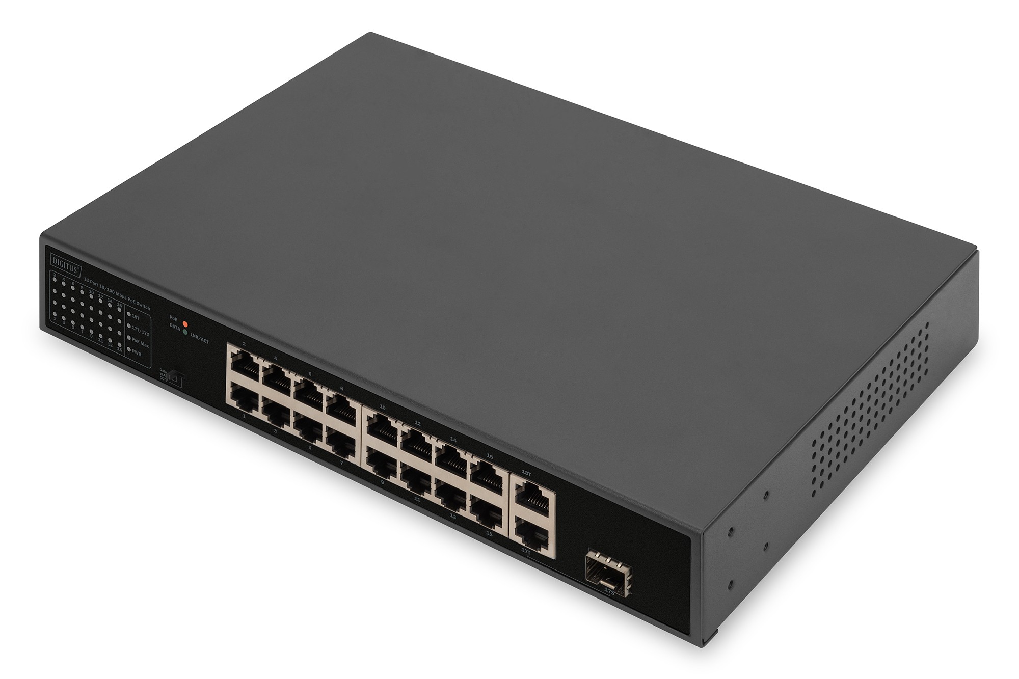 DN-95355  Switch 16 Fast ethernet RJ45 POE+ 2 Uplink Ports (SFP / RJ45)