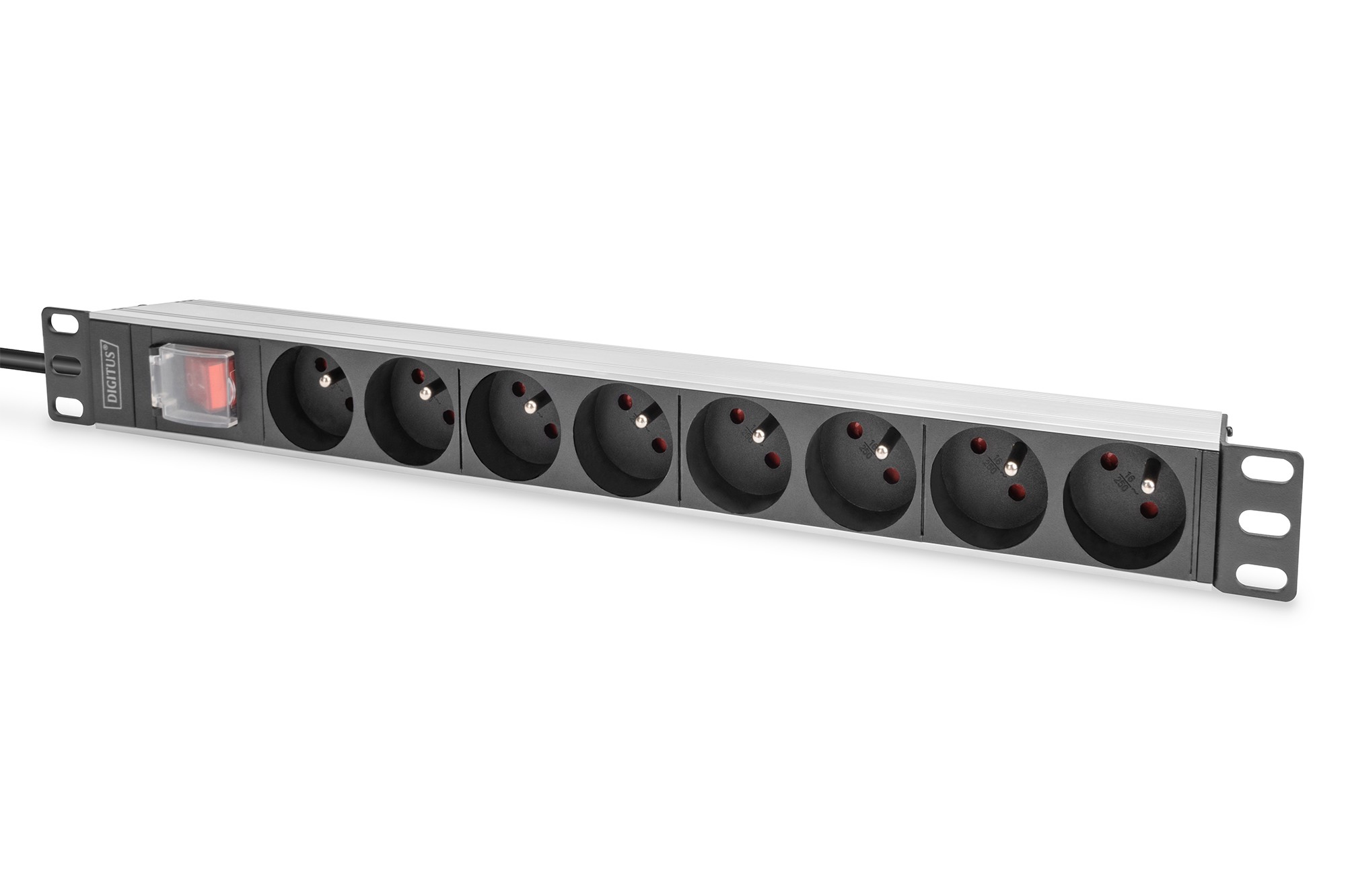 DN-95402-1-FR  Regleta Aluminio Rack 19"  7 Schuko, Entrada Schuko CEE 7/5 Francia 16A 2m 1U Con Interruptor DIGITUS