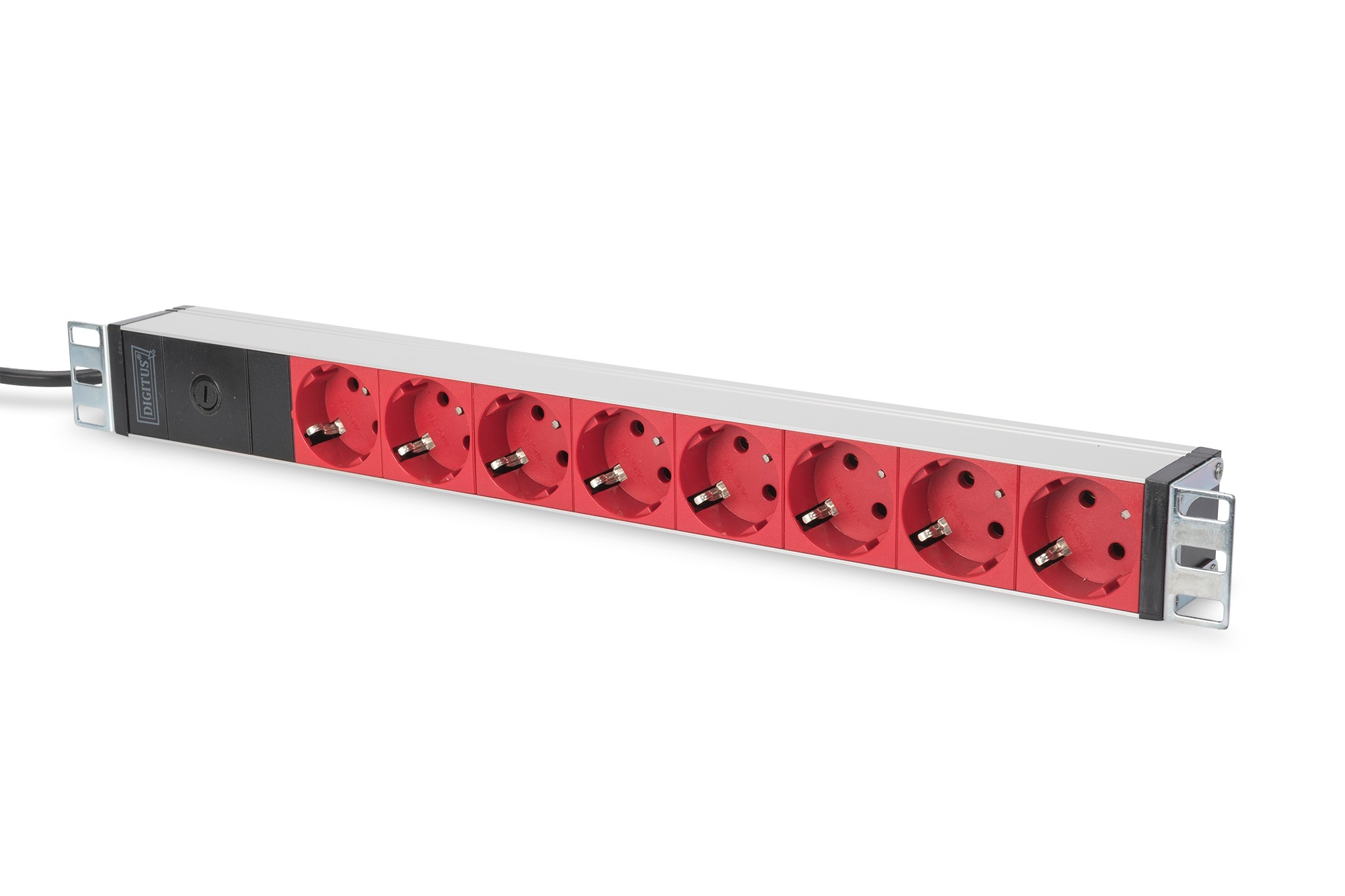 DN-95410-R  Regleta Aluminio Rack 19"  8 Schuko, Entrada C14 10A 2m 1U ROJO DIGITUS