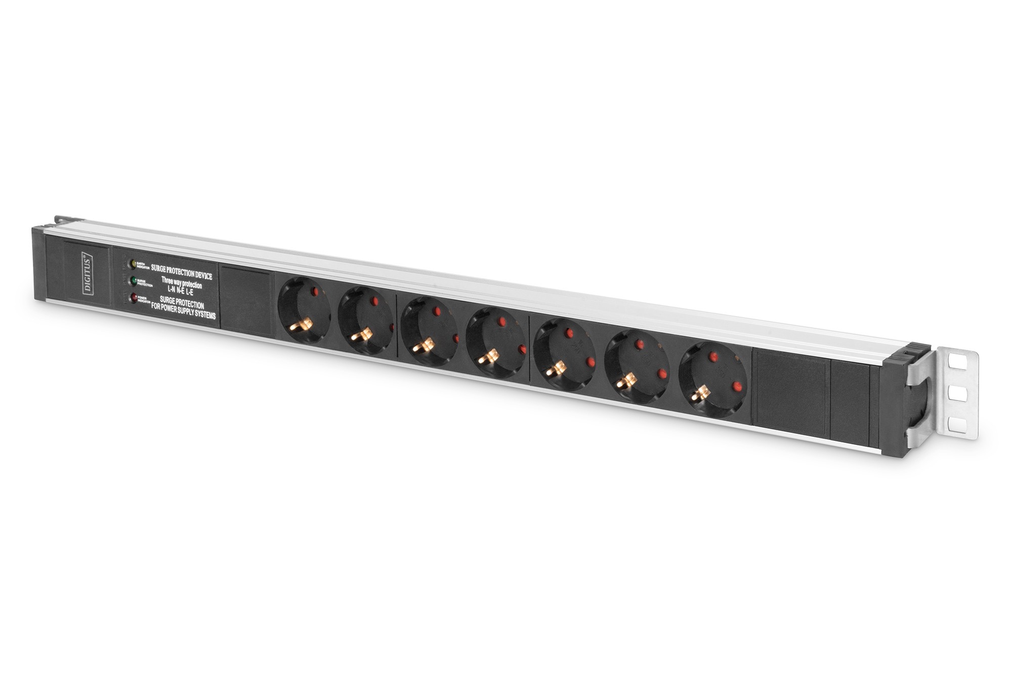 DN-95412  Regleta Aluminio Rack 19"  7 Schuko, Entrada Schuko CEE 7/7 16A 2m 1U  Proteccion Sobretensiones DIGITUS