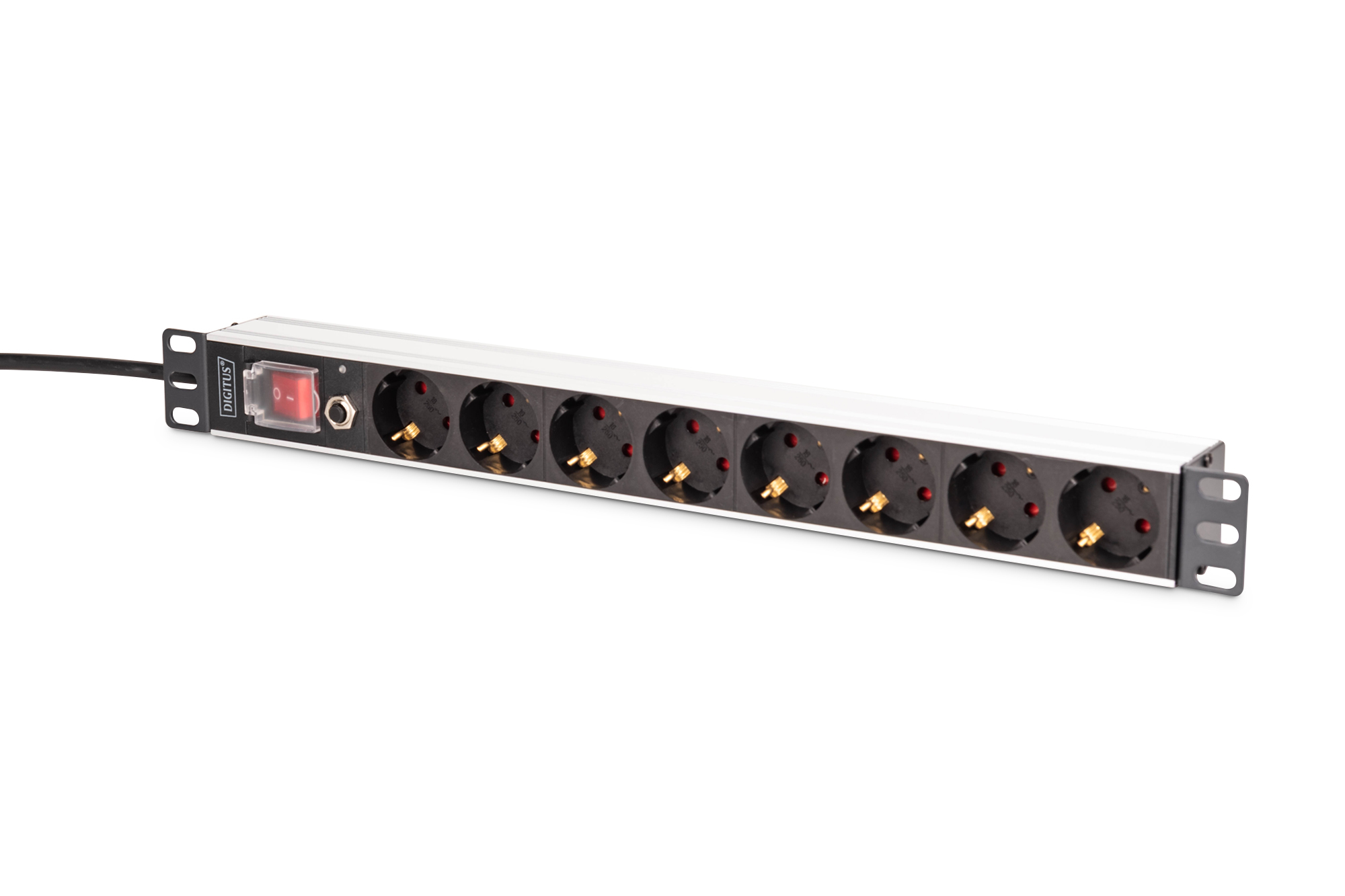 DN-95436  PDU de aluminio 1U, montaje en bastidor, 7x seguridad + 1x salida 16A, 4000W, 250VAC 50/60Hz, protección contra sobrecarga