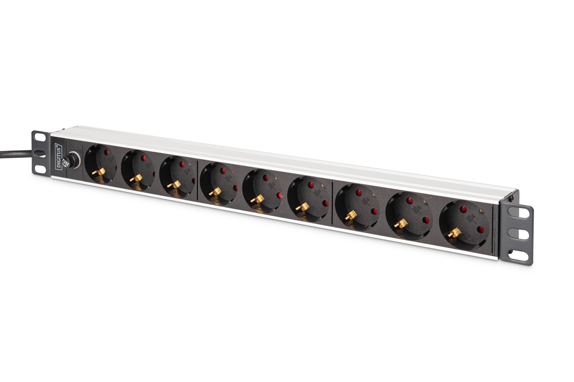 DN-95437  Regleta Aluminio Rack 19"  9 Schuko, Entrada C14 10A 2m 1U NEGRO DIGITUS