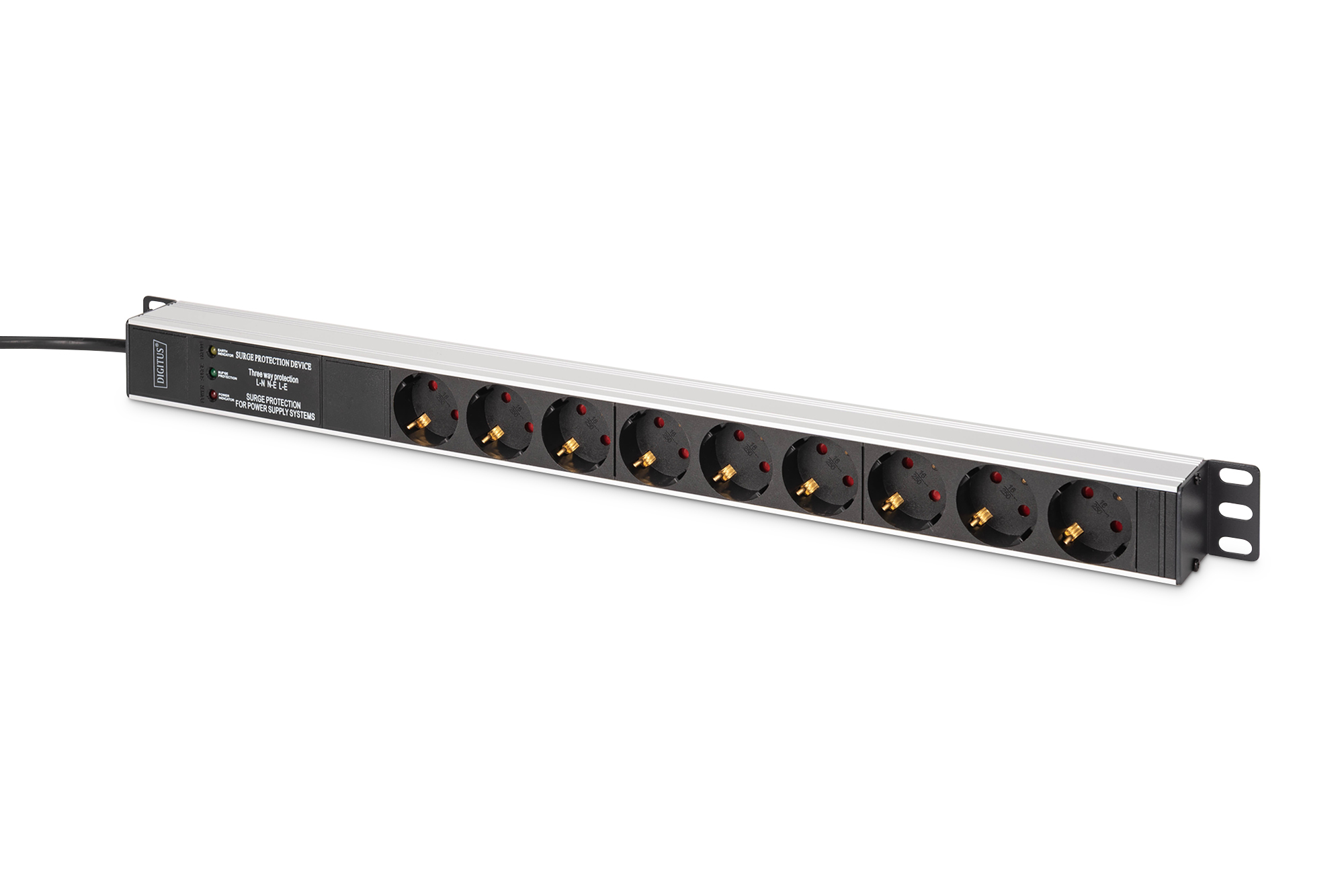 DN-95438  PDU de aluminio, montable en bastidor, filtro de frecuencia, 2 m 16A, 3600W,230VAC 50/60Hz,7x seguridad,2x enchufe
