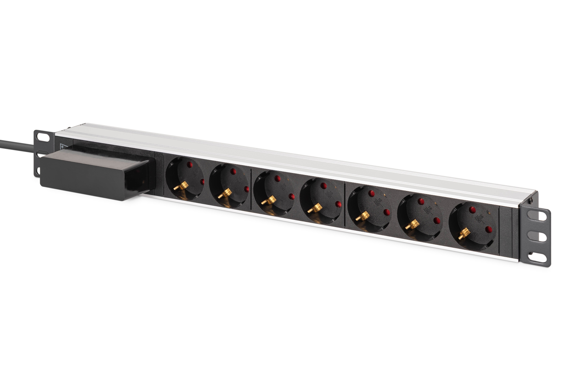 DN-95439  PDU de aluminio 1U, montaje en bastidor, 6 salidas de seguridad, 1 salida 16A, 4000W, 250VAC 50/60Hz, 1x disyuntor