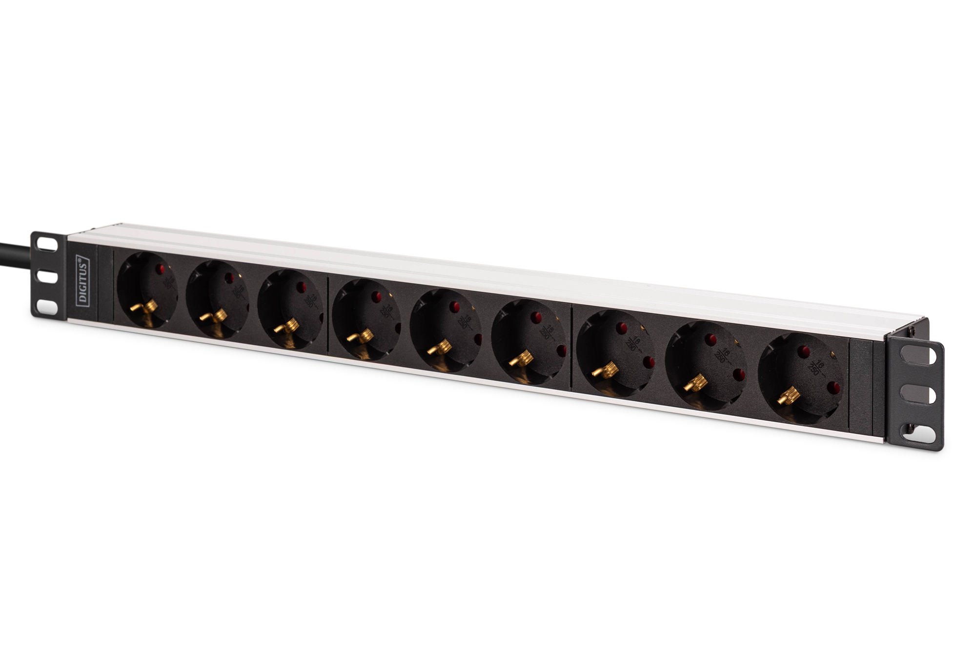 DN-95440  PDU de aluminio 1U, montaje en bastidor, 8 salidas de seguridad, 1 salida 16A, 230VAC, 50/60Hz, enchufe IEC C20