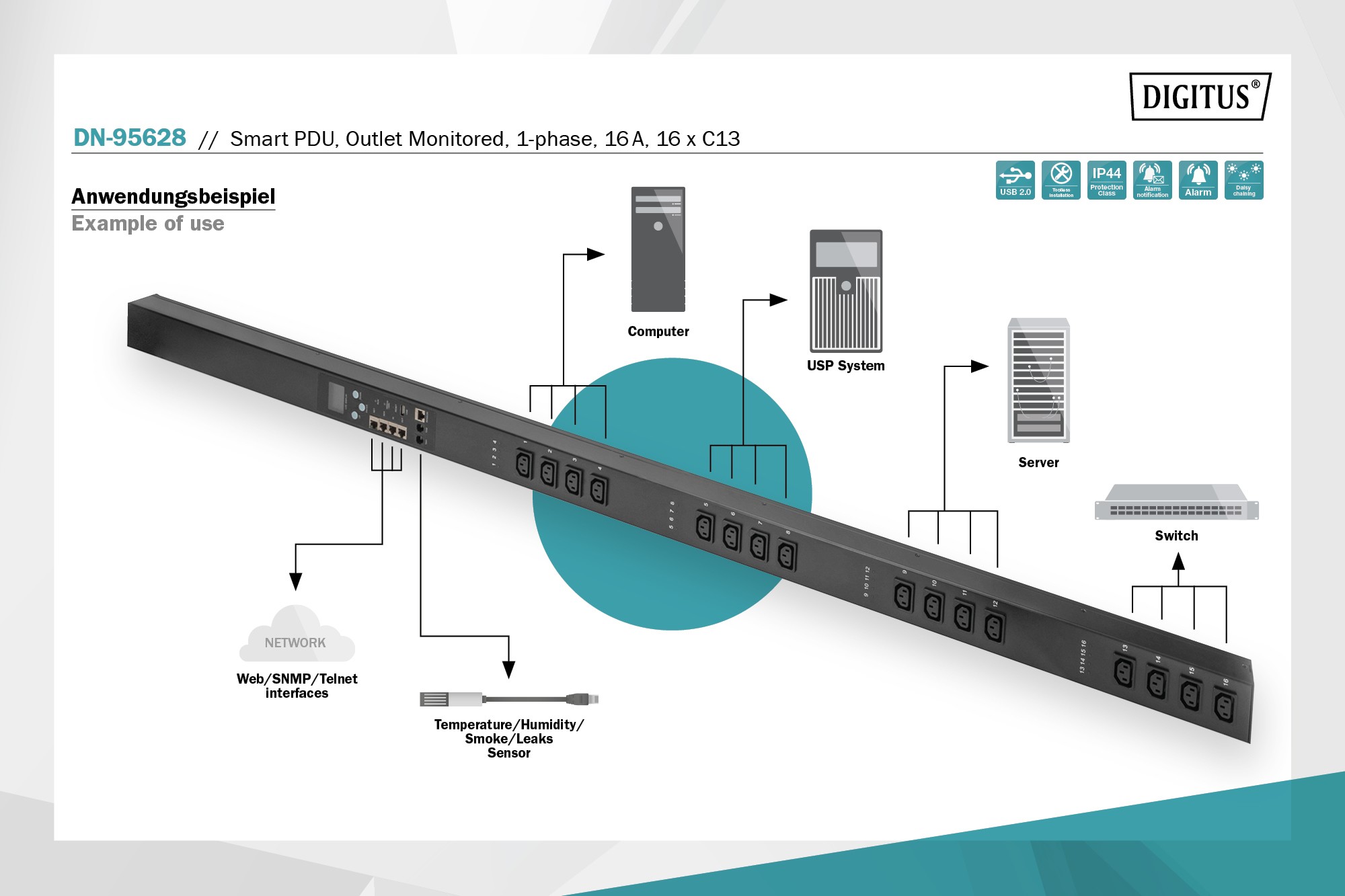 DN-95628  PDU con vigilancia de salidas, vertical, 16 A, 16 C13 Cable de 3 m, conector IEC309 16 A