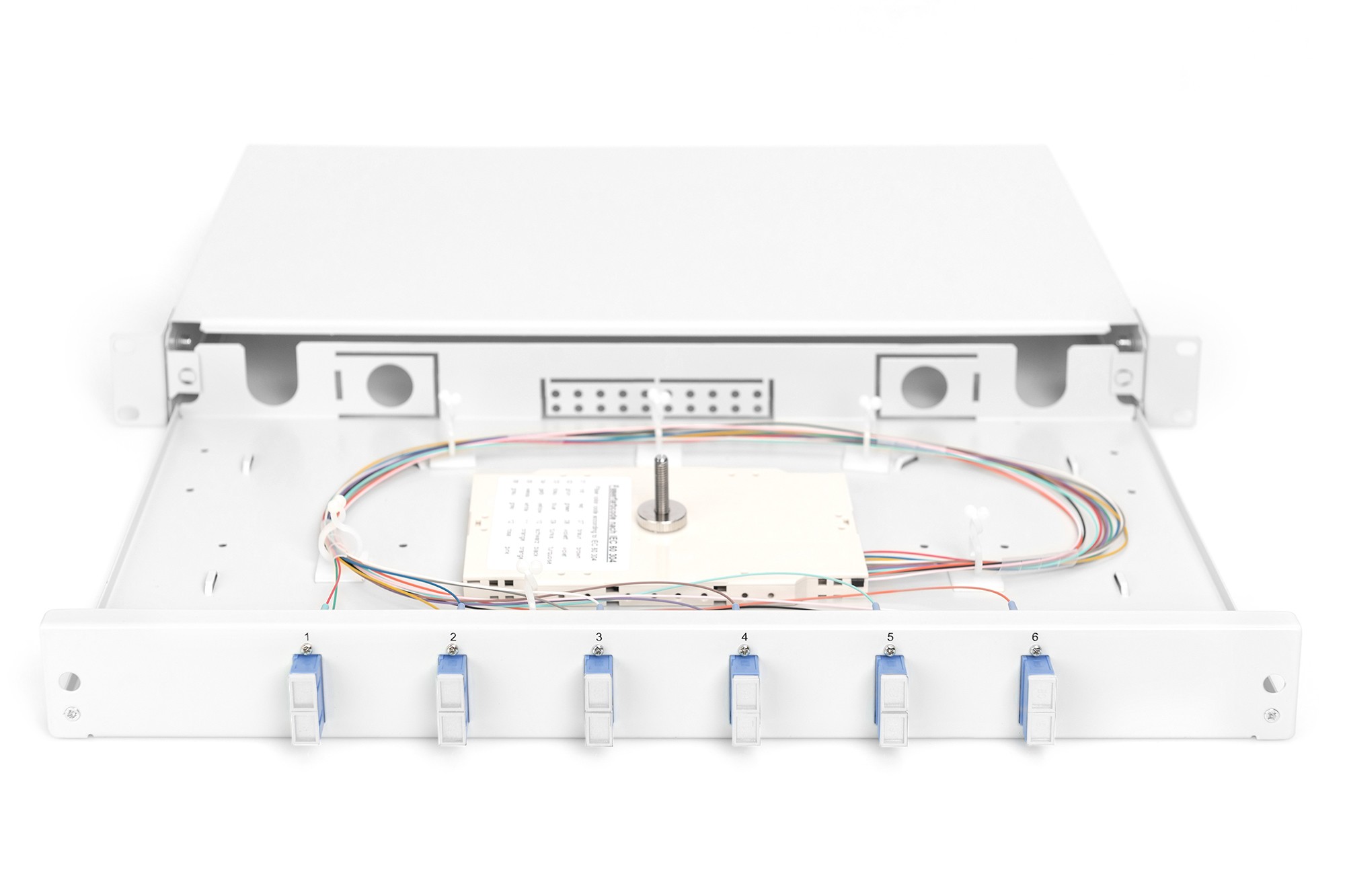 DN-96320/9  FO splice box, 1U, equipped, 6x SC DX, OS2 incl. splice cassette, colored pigtails, couplers