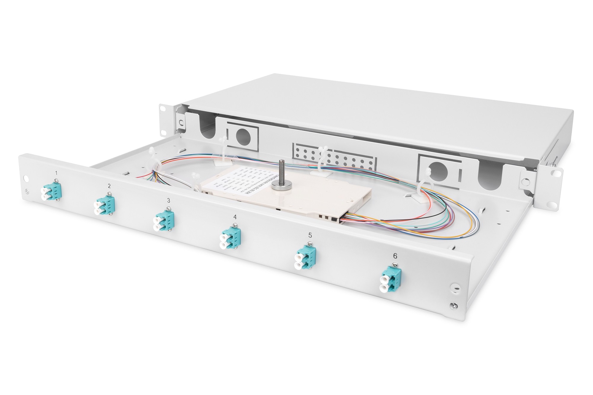 DN-96330/3  FO splice box, 1U, equipped, 6x LC DX, OM3 incl. splice cassette, colored pigtails, couplers