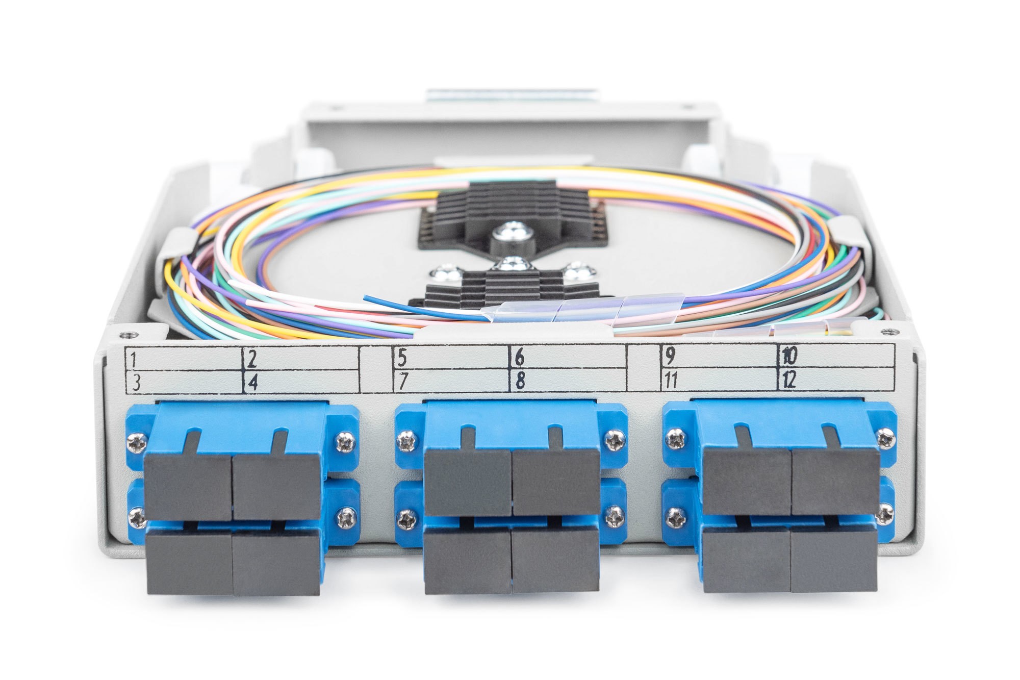 DN-963890  Caja de fibra óptica para carril DIN, OS2, equipada, con adaptador SC y pigtail