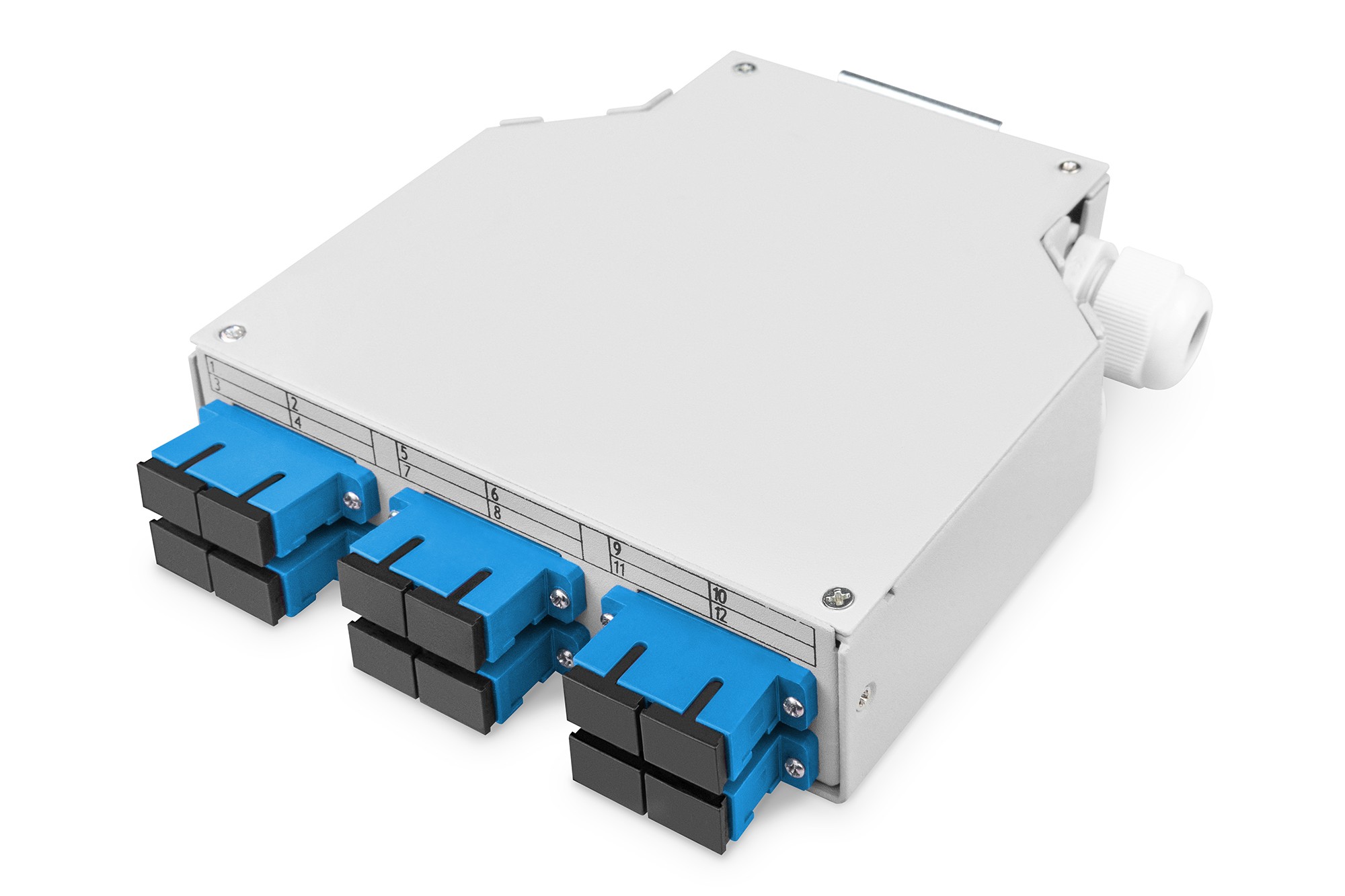 DN-963890  Caja de fibra óptica para carril DIN, OS2, equipada, con adaptador SC y pigtail
