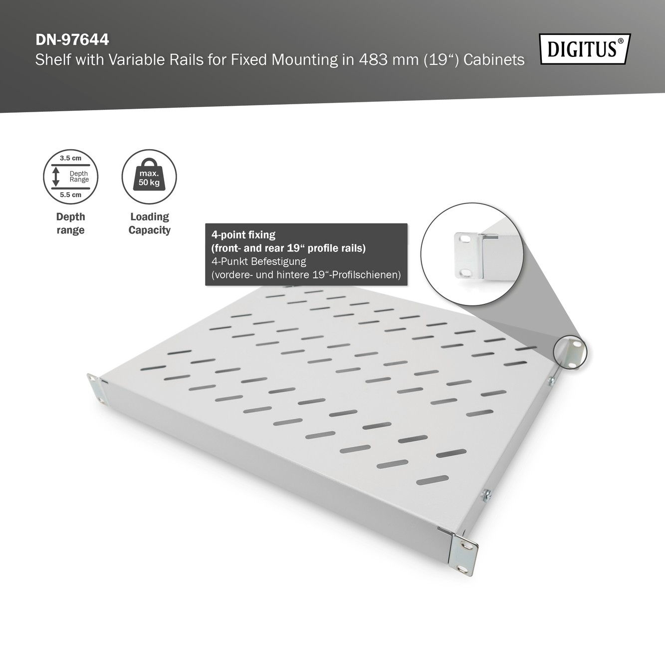 DN-97644  Bandeja Fija Adaptable 1U para rack F600 350-550 Gris Digitus