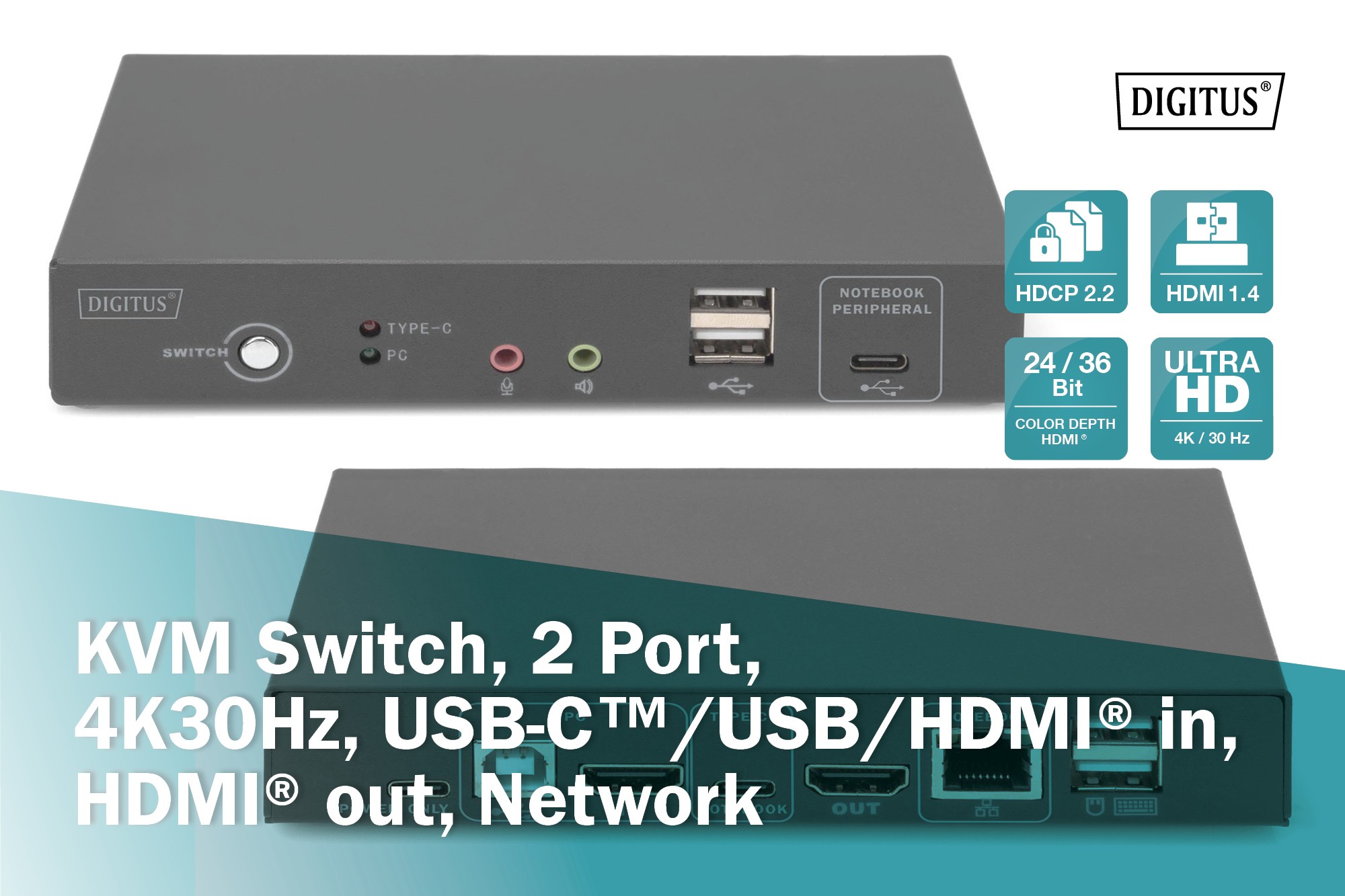 DS-12901  Conmutador KVM  2 puertos, HDMI 4K30 Hz, USB-C/USB/HDMI in, HDMI out, red