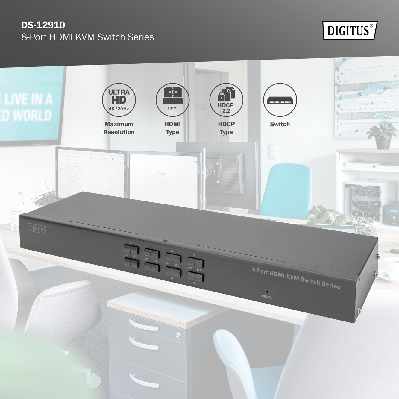 DS-12910  Switch KVM HDMI/Audio USB de  8 puertos Single View 4K con 30 Hz DIGITUS
