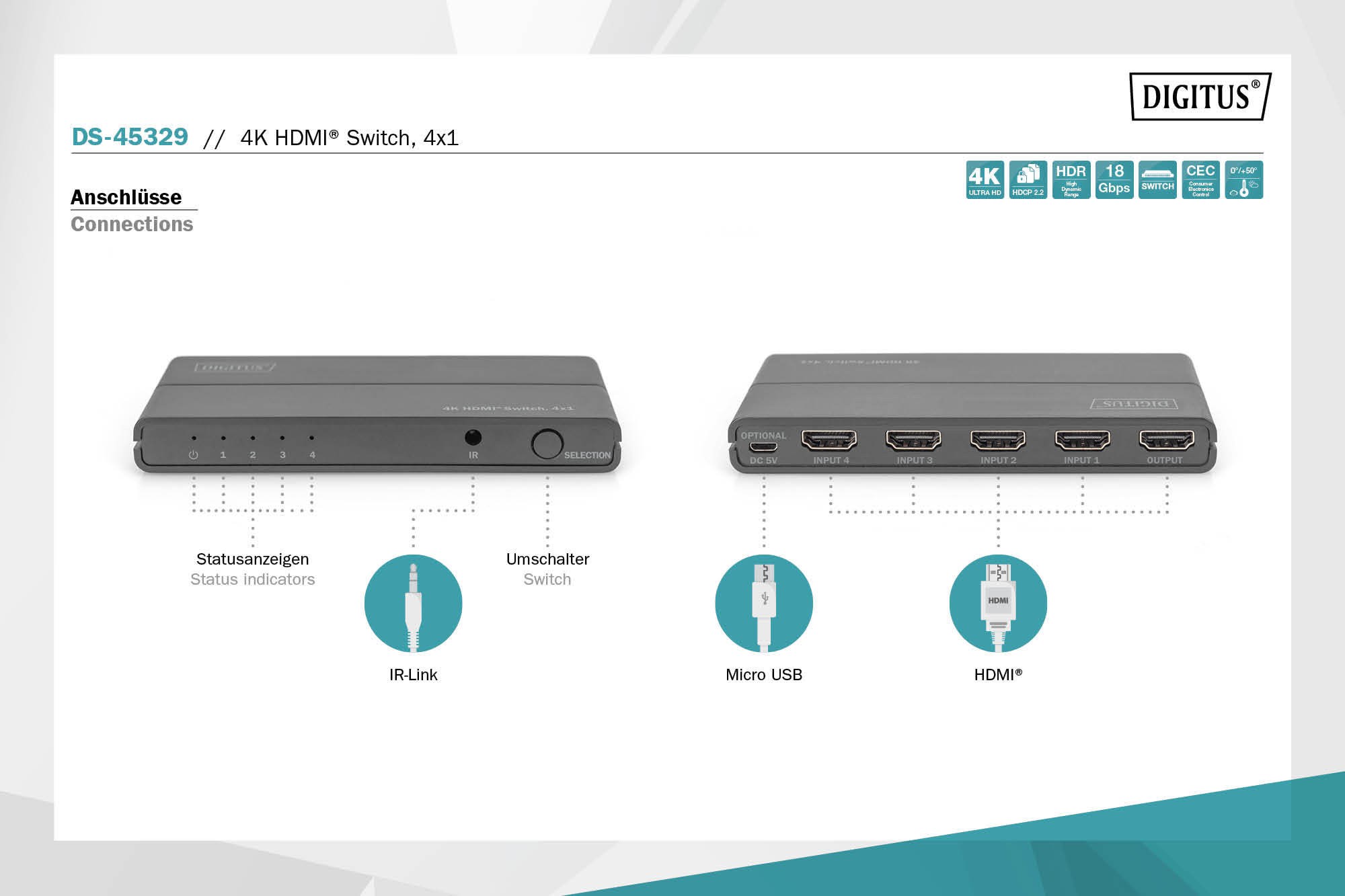 DS-45329  Conmutador 4K HDMI, 4x1 4K/60 Hz, 18 Gbps, HDR, HDCP 2.2, CEC