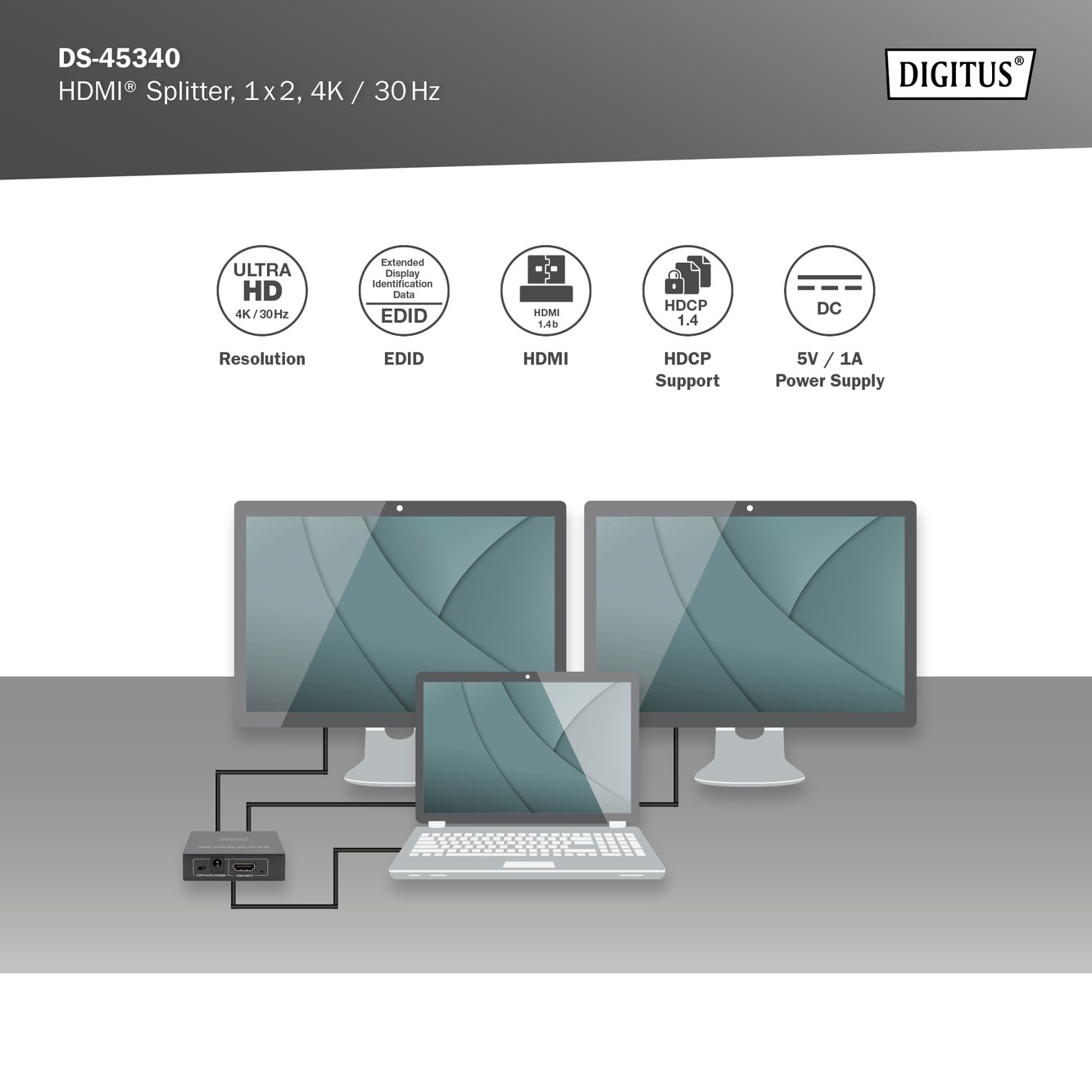 DS-45340  Splitter HDMI  2 Puertos 4K 30Hz  DIGITUS, Soporta EDID (2 modos) - 1: Copia -salida HDMI 1/2: modo Auto - Compare & Cr